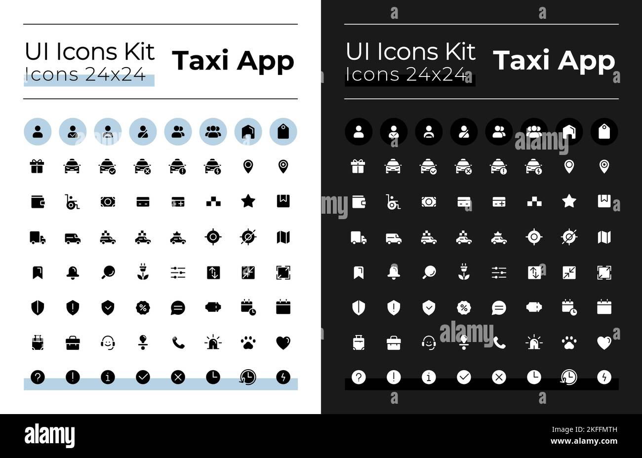 Taxi Service Glyphe ui-Symbole für dunklen, hellen Modus eingestellt Stock Vektor