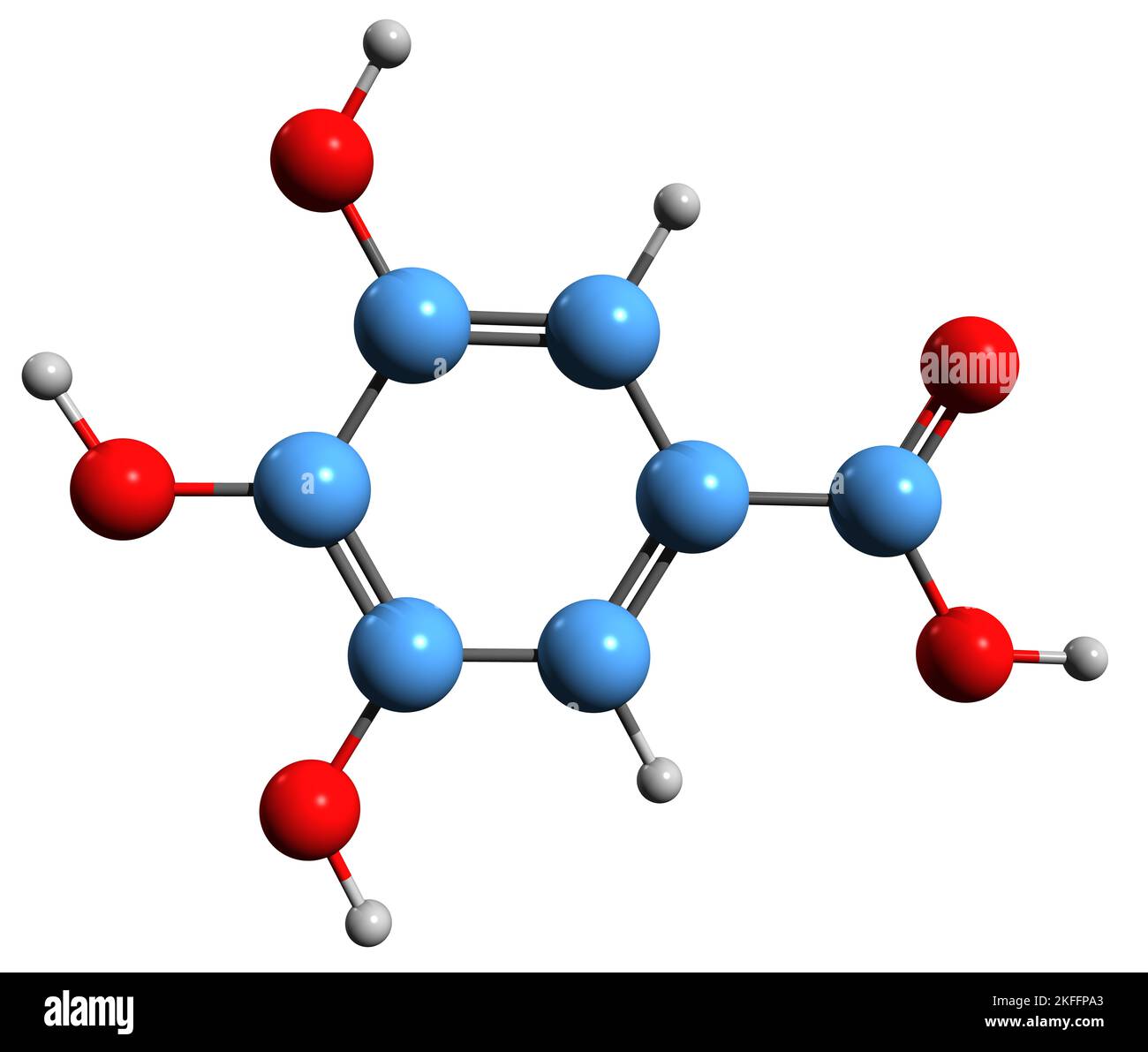 3D Bild der Skelettformel der Gallensäure - molekulare chemische Struktur der Trihydroxybenzoesäure isoliert auf weißem Hintergrund Stockfoto