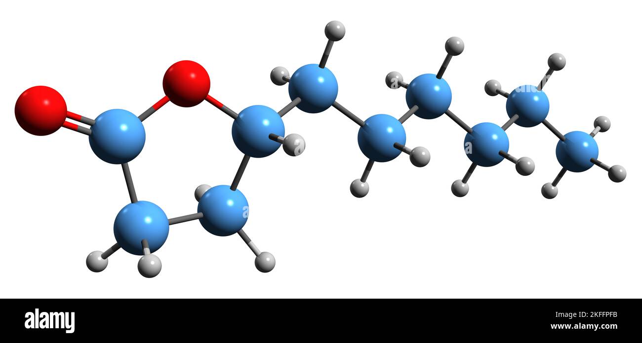 3D Bild der Skelettformel von Gamma-Decalacton - molekulare chemische Struktur von 4-Decanolid auf weißem Hintergrund isoliert Stockfoto