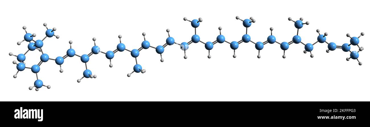 3D Bild der Skelettformel von Gamma-Carotin - molekularchemische Struktur des Carotinoiden auf weißem Hintergrund isoliert Stockfoto