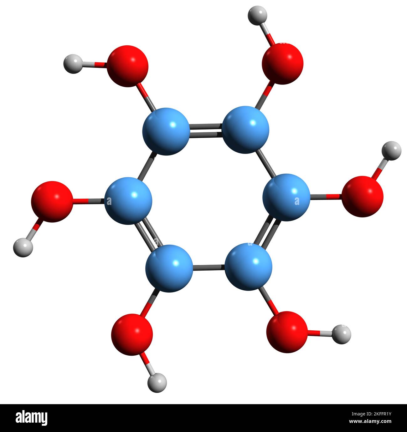 3D Bild der Skelettformel von Benzenehexol - molekularchemische Struktur von Hexahydroxybenzol auf weißem Hintergrund isoliert Stockfoto