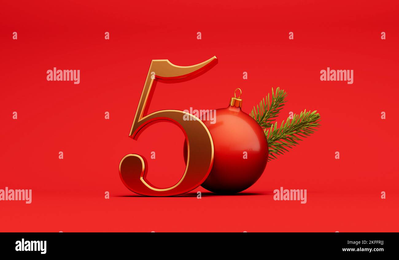 Die 12 Tage weihnachten. 5. Tage festlicher Hintergrund Gold Schriftzug mit Kugel. 3D Rendering Stockfoto