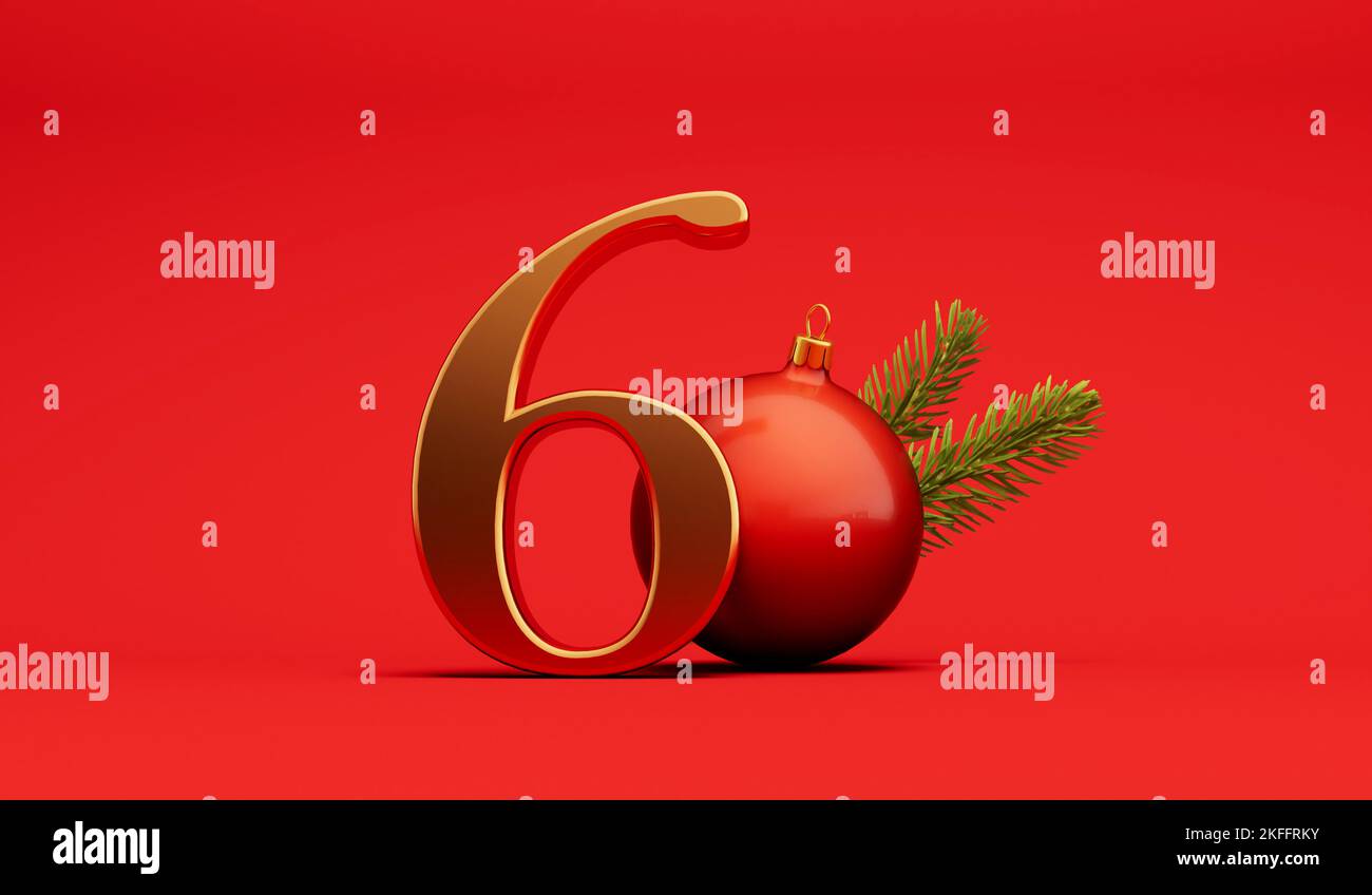 Die 12 Tage weihnachten. 6. Tage festlicher Hintergrund Gold Schriftzug mit Kugel. 3D Rendering Stockfoto