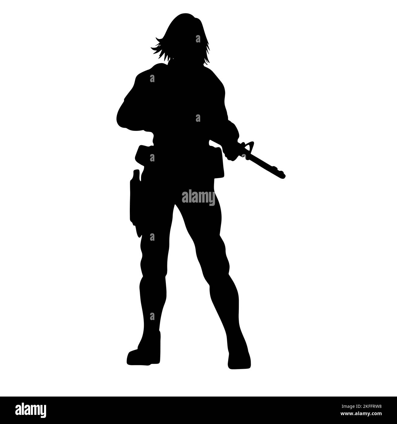 Schwarz-weiße Silhouette eines Mädchens mit einem Gewehr. Eine super Frau in einem Lederanzug mit Pistolen und einem Maschinengewehr oder Gewehr. Ein Computerspiel Stockfoto