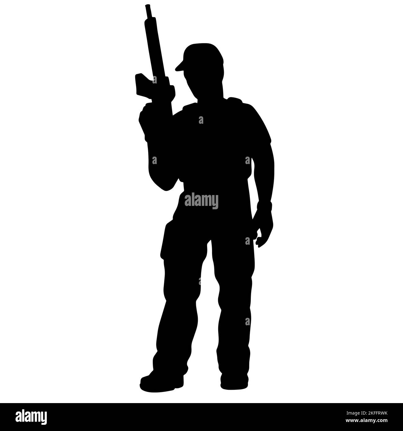 Schwarz-weiße Silhouette eines Soldaten mit einer Waffe. Ein Soldat der Spezialeinheiten zielt und schießt ein Gewehr oder ein Maschinengewehr auf den Feind Stockfoto