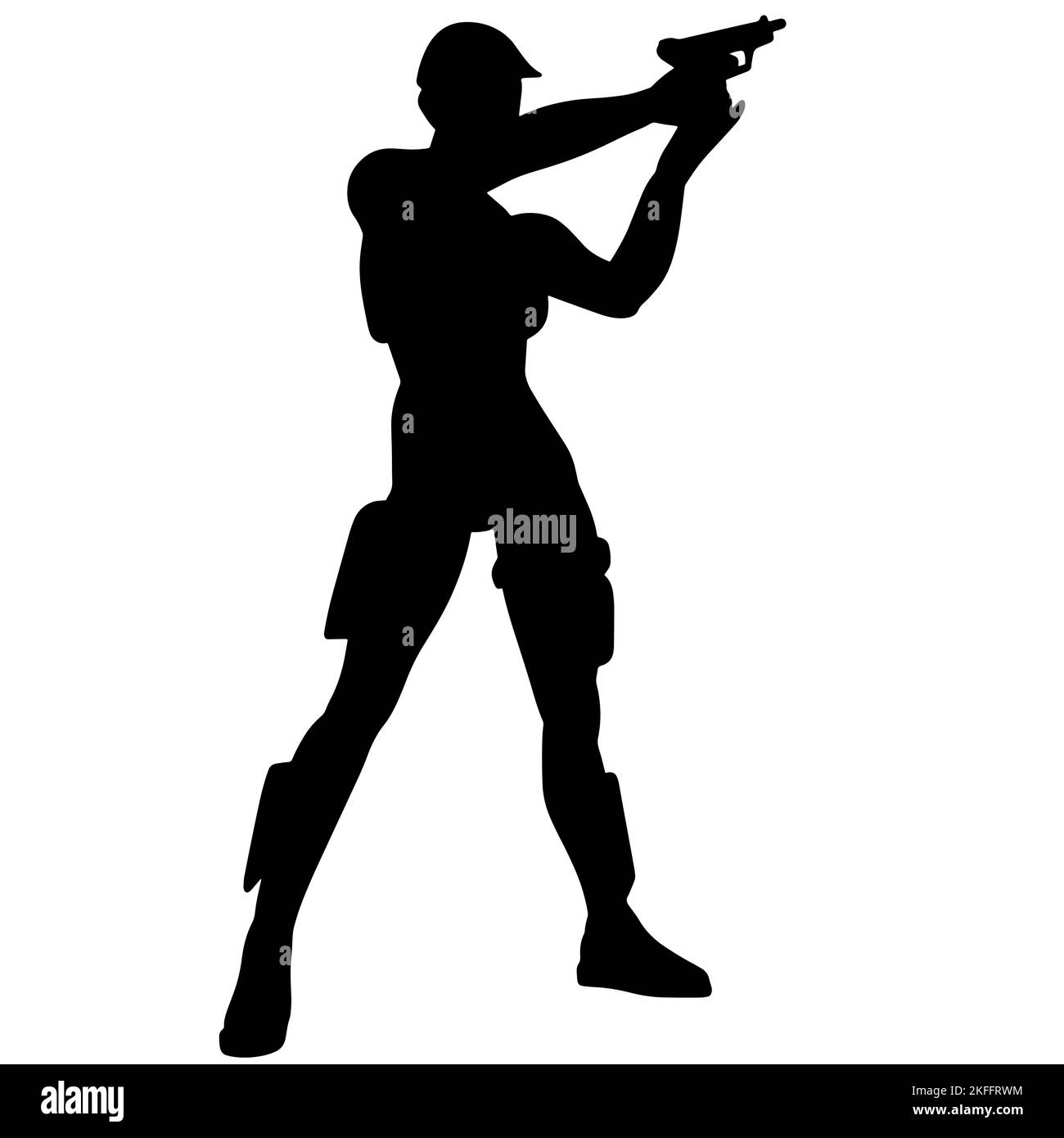 Schwarz-weiße Silhouette eines Mädchens mit einem Gewehr. Eine super Frau in einem Lederanzug mit Pistolen und einem Maschinengewehr oder Gewehr. Ein Computerspiel Stockfoto