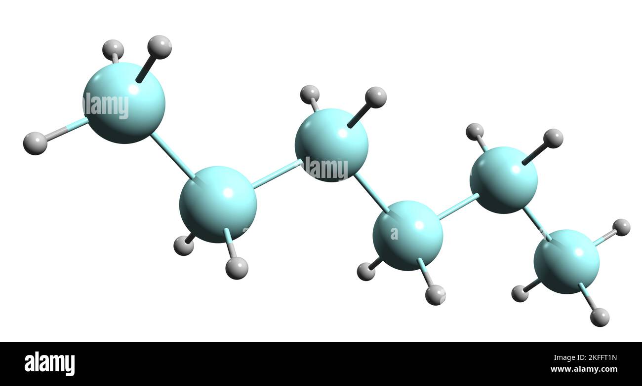 3D Bild der Hexasilan-Skelettformel - molekulare chemische Struktur von Tetradecamethylhexasilan isoliert auf weißem Hintergrund Stockfoto