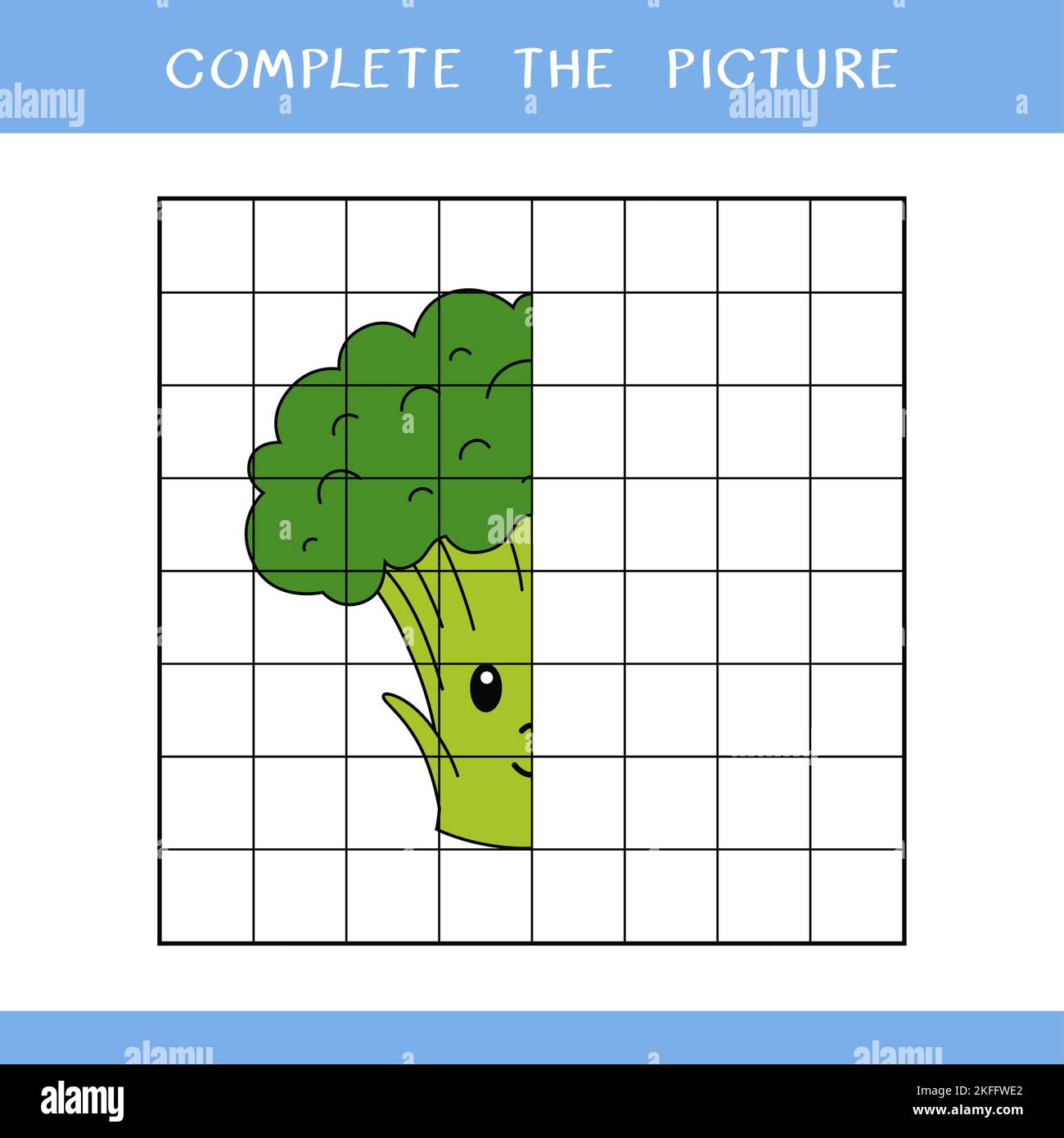 Vervollständigen Sie das Bild von süßem Brokkoli. Einfaches Lernspiel für Kinder Stockfoto