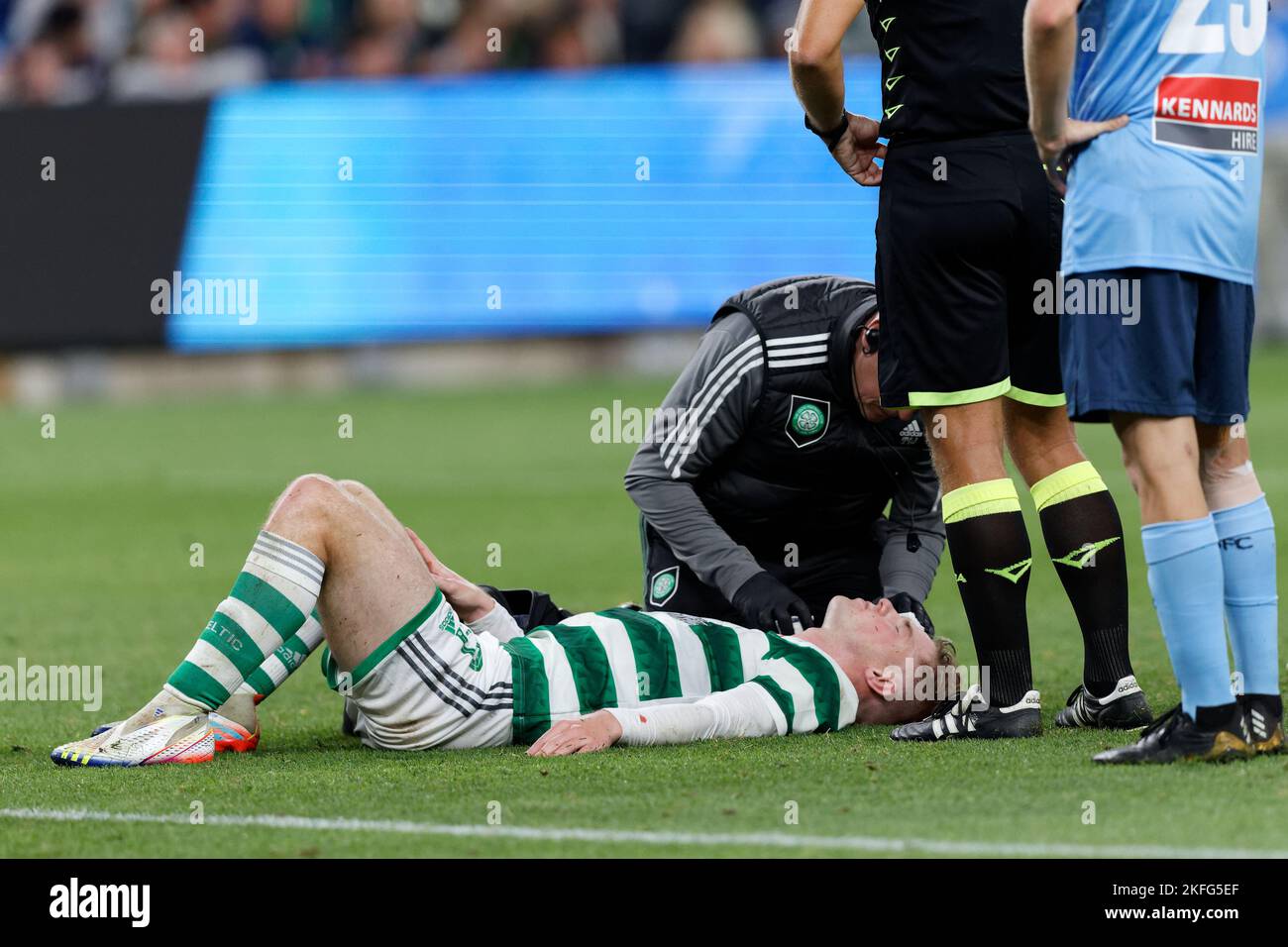 SYDNEY, AUSTRALIEN - 17. NOVEMBER: Jake Girdwood-Reich aus Sydney kollidierte mit Stephen Welsh von Celtic und verletzte sich während des Spiels zwischen Sydney und Celtic im Allianz Stadium Stockfoto