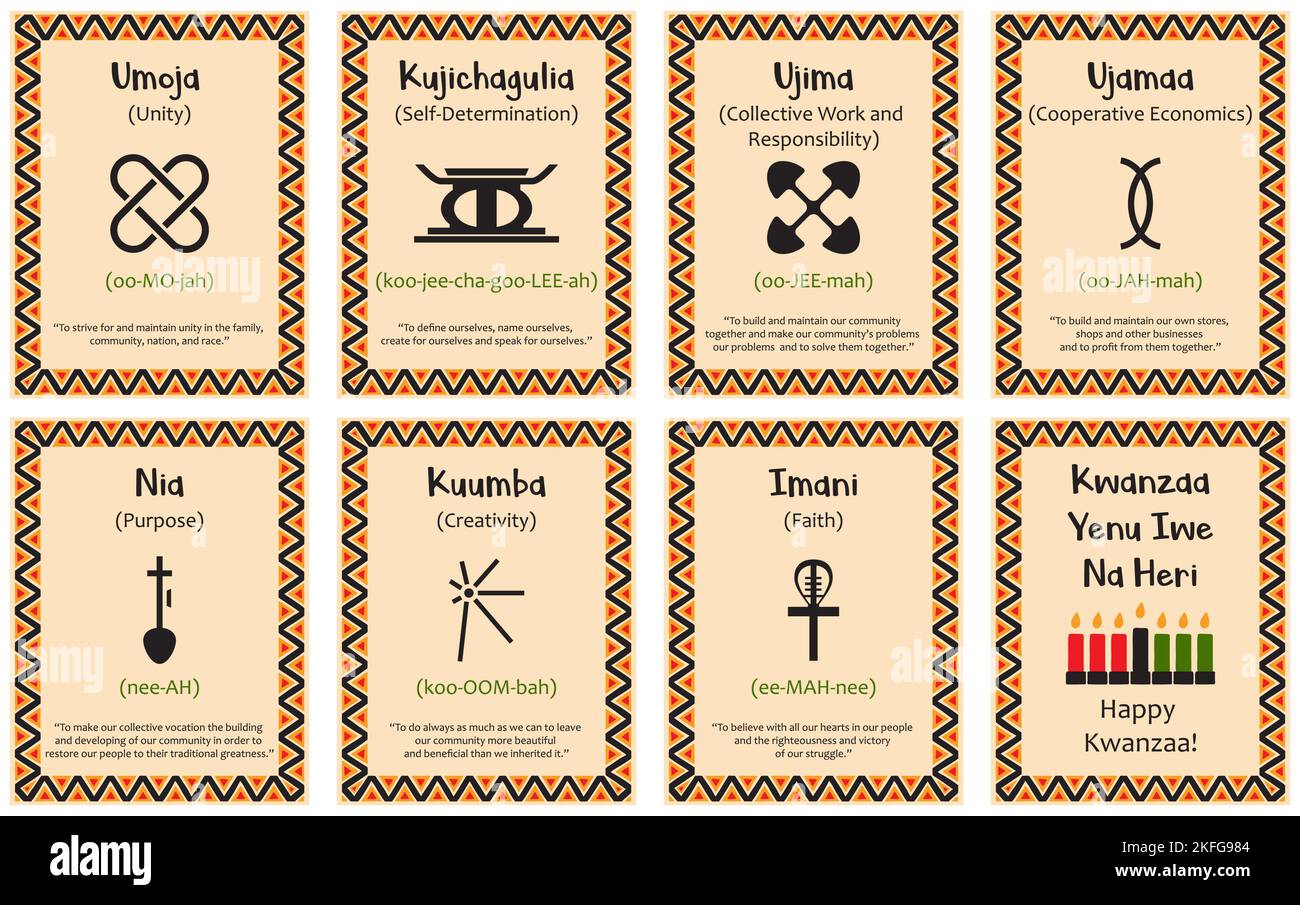 WEBA Kartensatz mit sieben Zeichen der Kwanzaa-Prinzipien. Symbol mit Namen in Suaheli. Poster mit ethnisch afrikanischem Muster in traditioneller Farbe Stock Vektor