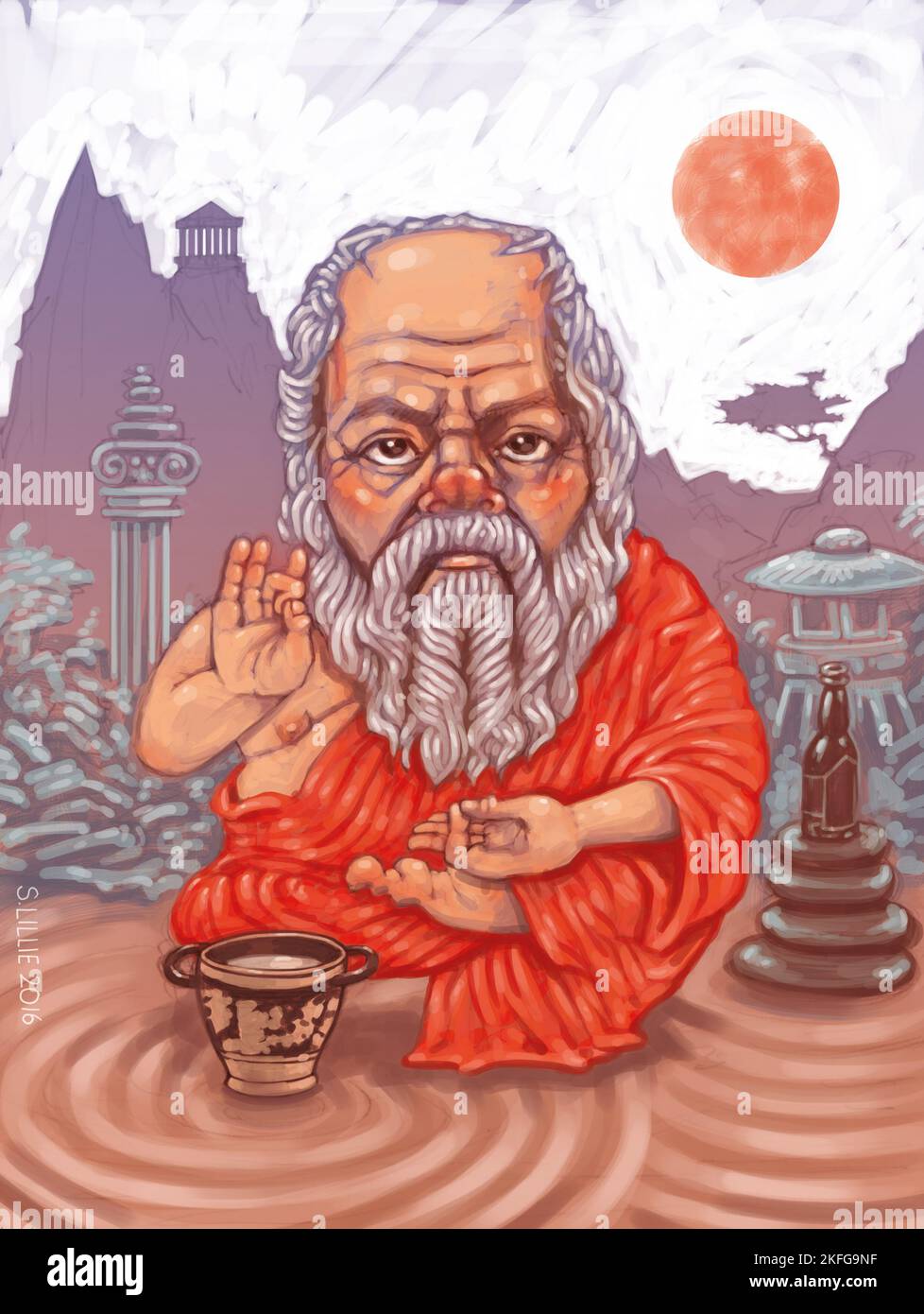 Die Konzeptkunst des griechischen Philosophen Sokrates saß im Zen-Garten und illustrierte die gemeinsamen Prinzipien zwischen der sokratischen Philosophie und den Zen-buddhistischen Prinzipien. Stockfoto