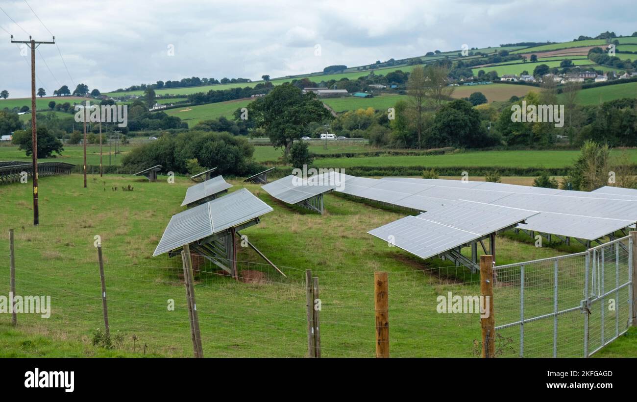 Solarzellen, die auf einer Farm in East Devon in Großbritannien installiert sind Stockfoto