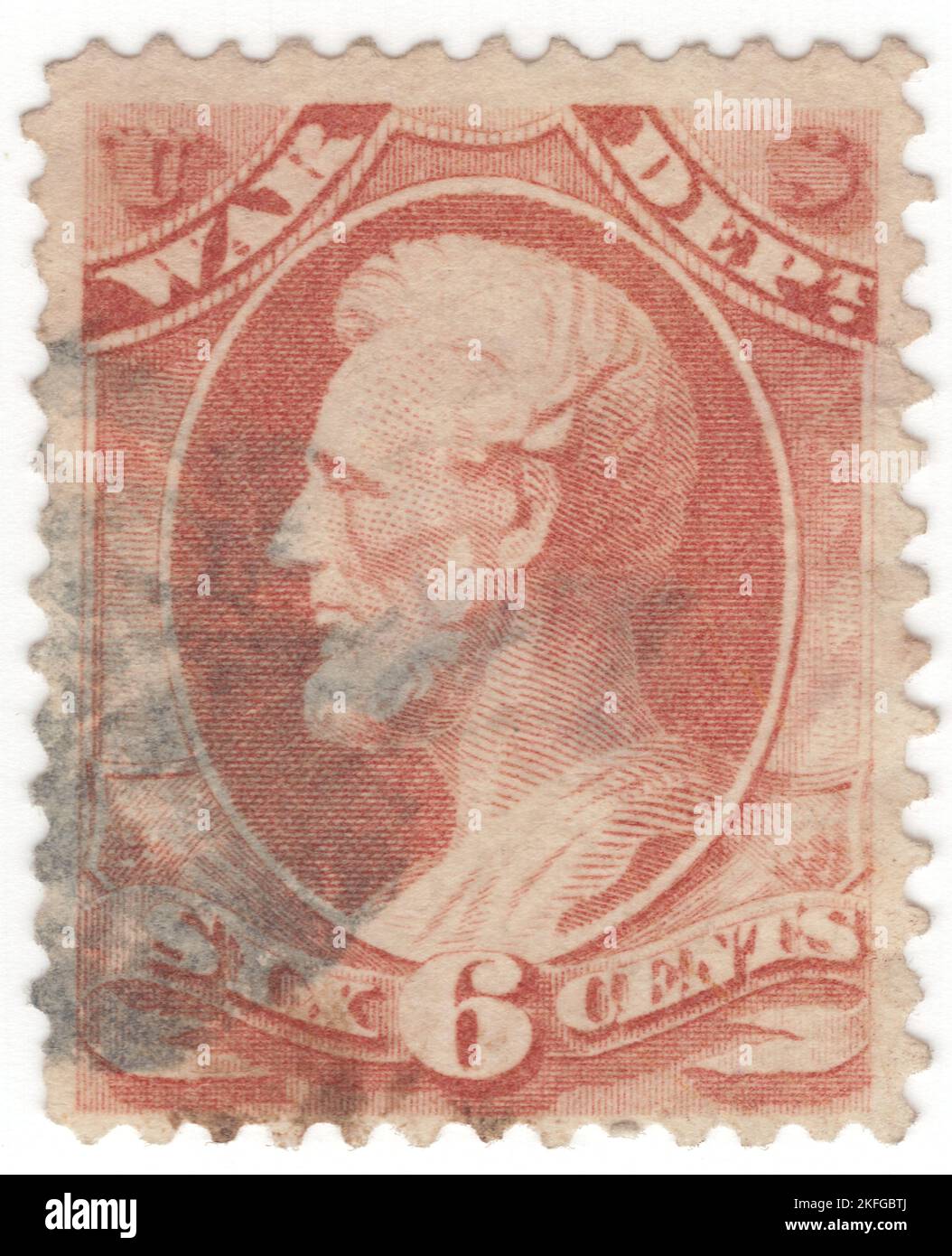 USA - 1873: Eine Rose von 6 Cent Offizielle Marke mit ovalem Rahmen und Porträt von Abraham Lincoln, dem Präsidenten der USA von 16.. Über dem Rahmen befindet sich ein Banner mit der Aufschrift 'WAR Dept'. Das Frankierprivileg, das seit dem 1. Juli 1873 aufgehoben wurde, wurden diese Briefmarken für jeden der Exekutivabteilungen der Regierung zur Vorauszahlung des Postaufpreises in offiziellen Angelegenheiten bereitgestellt. Die ersten strafmarken wurden 1877 zugelassen, und ihre erweiterte Verwendung nach 1879 reduzierte den Bedarf an offiziellen Marken, deren Verwendung am 5. Juli 1884 endgültig aufgehoben wurde Stockfoto