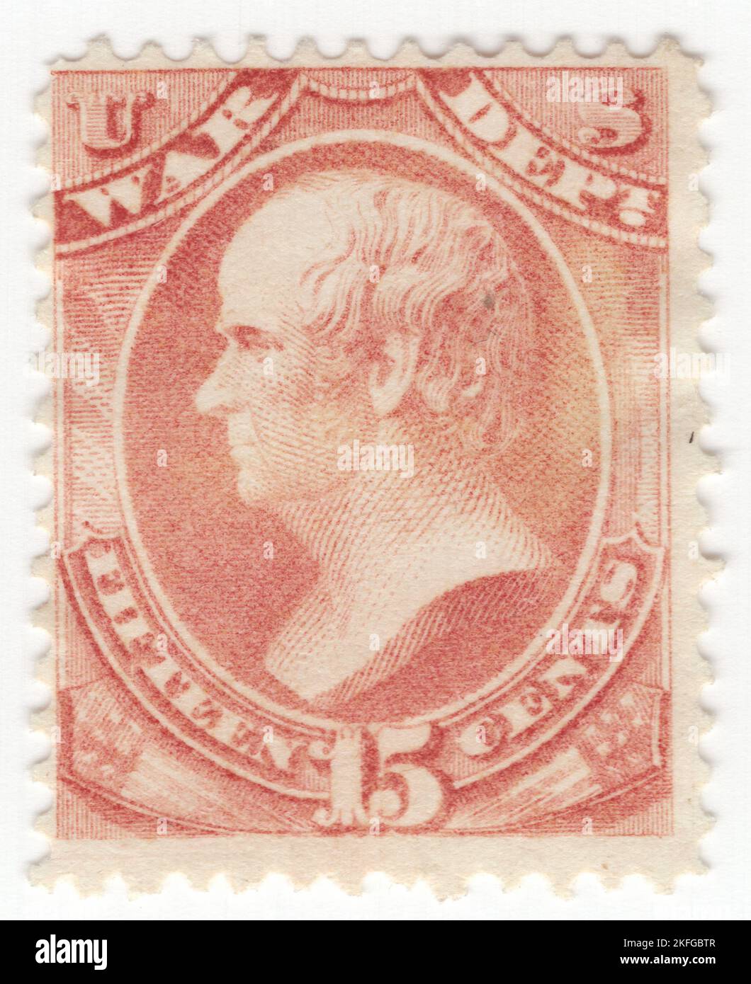 USA - 1873: Eine 15-Cent-Rose Offizielle Briefmarke, die das Porträt des amerikanischen Rechtsanwalts und Staatsmannes Daniel Webster zeigt. Über dem Rahmen befindet sich ein Banner mit der Aufschrift 'WAR Dept'. Das Frankierprivileg, das seit dem 1. Juli 1873 aufgehoben wurde, wurden diese Briefmarken für jeden der Exekutivabteilungen der Regierung zur Vorauszahlung des Postaufpreises in offiziellen Angelegenheiten bereitgestellt. Die ersten strafmarken wurden 1877 zugelassen, und ihre erweiterte Verwendung nach 1879 reduzierte den Bedarf an offiziellen Marken, deren Verwendung am 5. Juli 1884 endgültig aufgehoben wurde Stockfoto