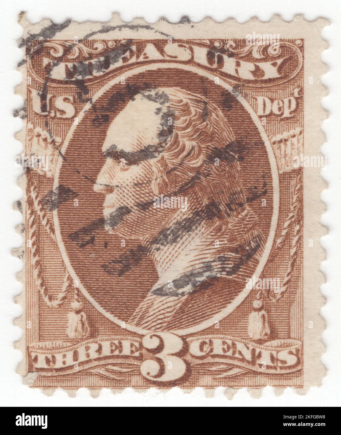 USA - 1879: Eine braune 3 Cent Briefmarke, die das Porträt von George Washington, dem ersten Präsidenten der Vereinigten Staaten, darstellt. Über dem Rahmen befindet sich ein Banner mit der Aufschrift 'TREASURY'. Das Frankierprivileg, das seit dem 1. Juli 1873 aufgehoben wurde, wurden diese Briefmarken für jeden der Exekutivabteilungen der Regierung zur Vorauszahlung des Postaufpreises in offiziellen Angelegenheiten bereitgestellt. Die ersten strafmarken wurden 1877 zugelassen, und ihre erweiterte Verwendung nach 1879 reduzierte den Bedarf an offiziellen Marken, deren Verwendung am 5. Juli 1884 endgültig aufgehoben wurde Stockfoto