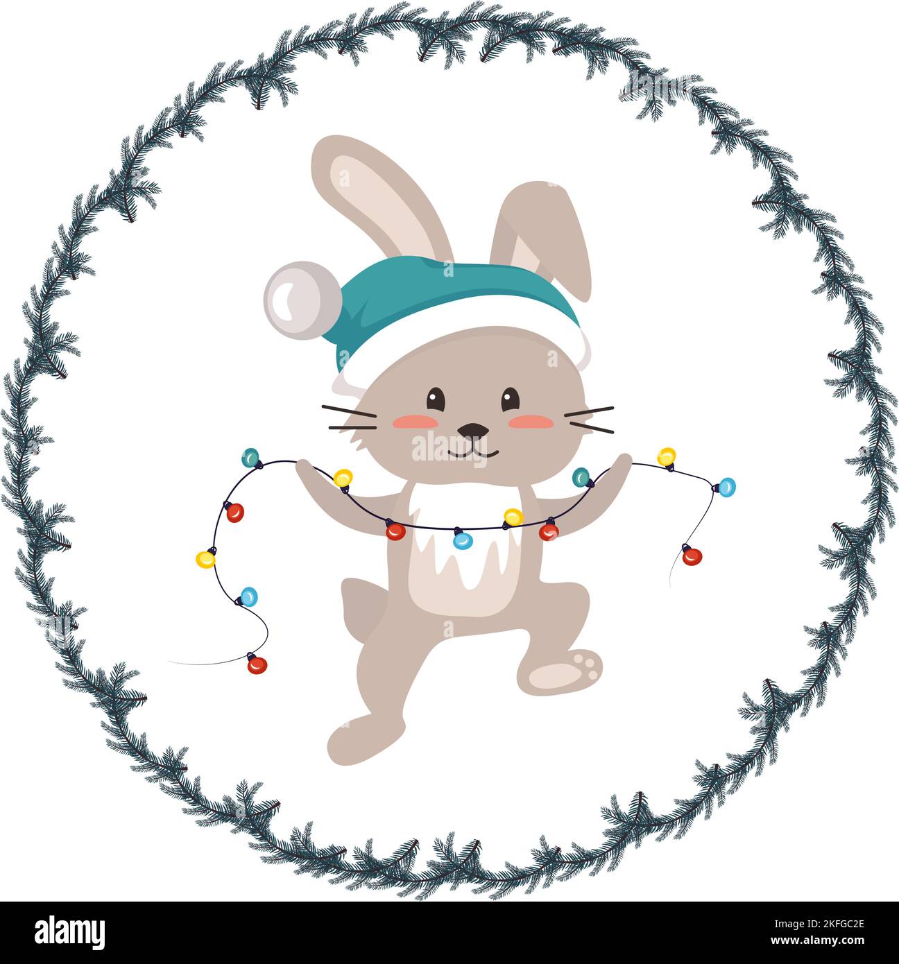 Geschenkkarte mit niedlichem Kaninchen oder Hasen und Weihnachtsbaumkranz. Festliche lustige Tier im Rahmen für Neujahr und Urlaub. Vektorgrafik flach Stock Vektor