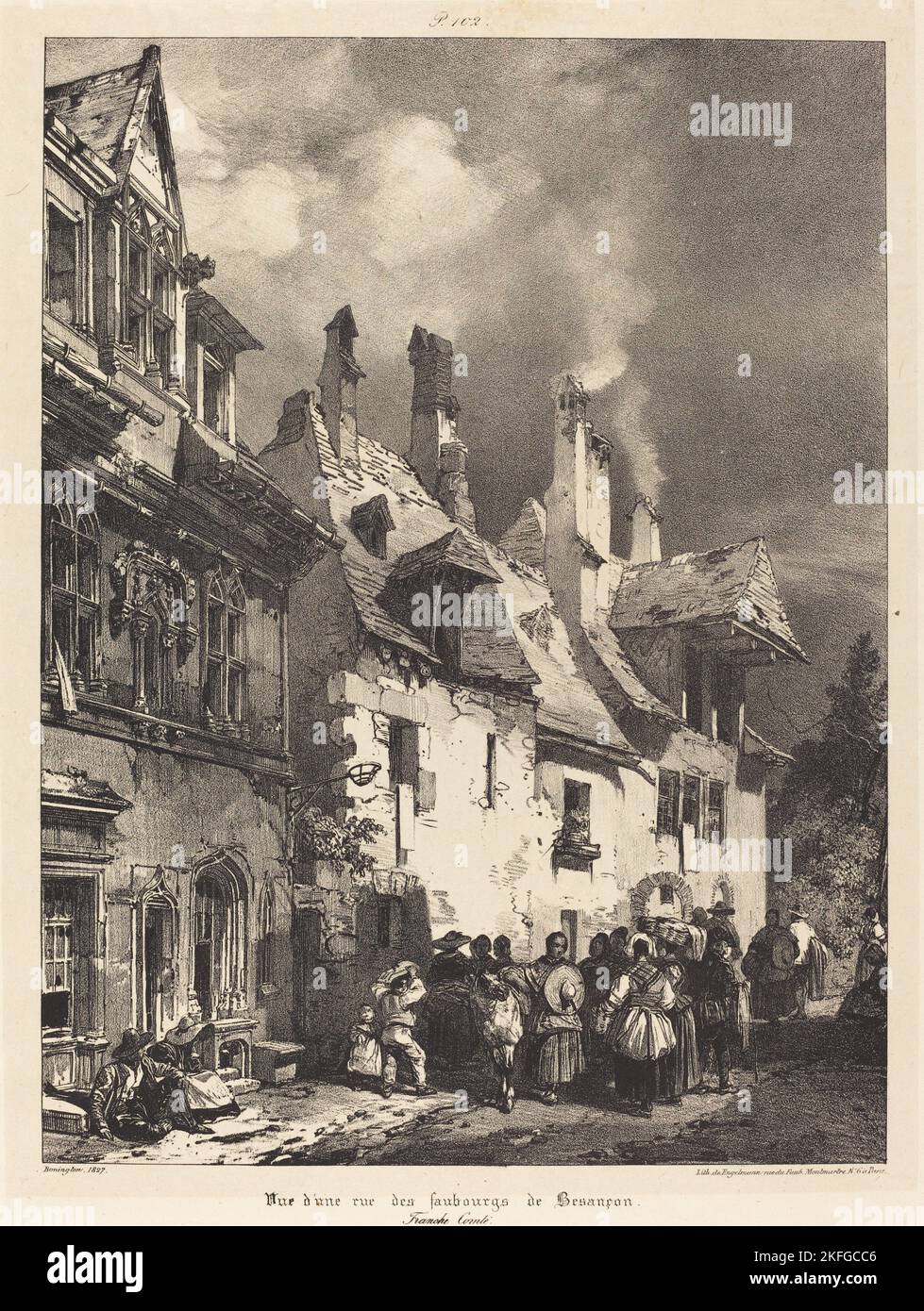 Vue d'une rue des Faubourgs de Besan çON (Blick auf eine Straße am Stadtrand von Besan çON), 1827. Stockfoto