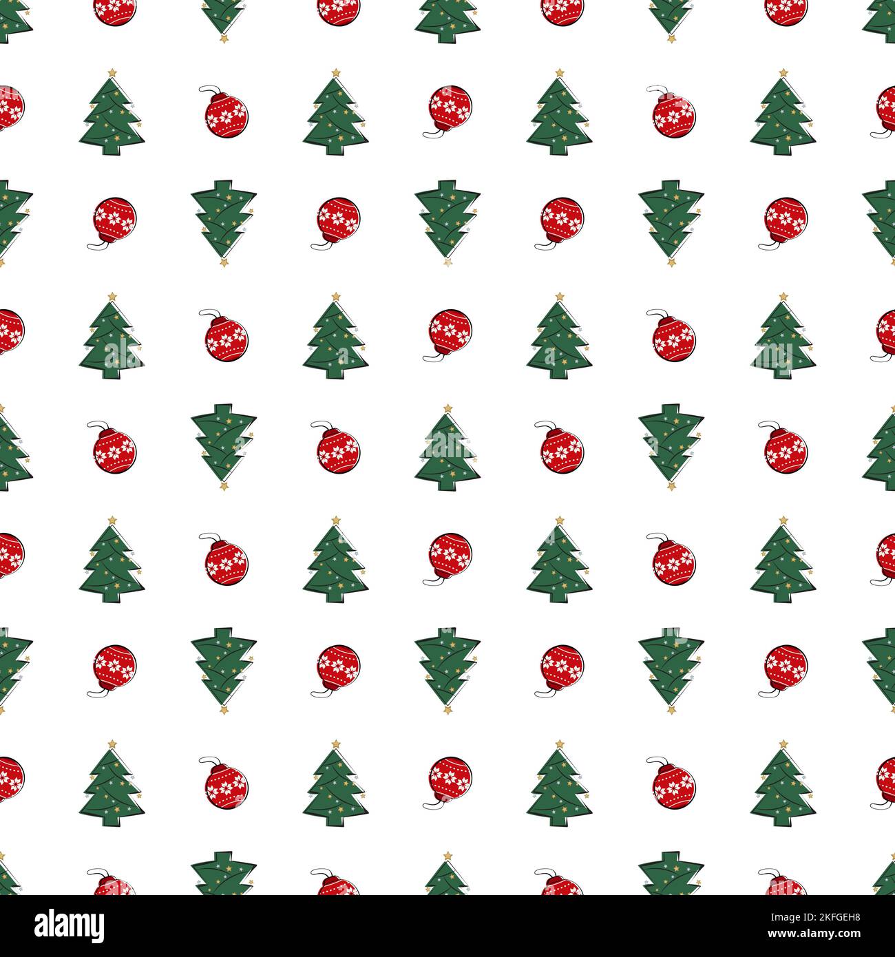 Nahtloses Muster mit Linie und Silhouette von Weihnachtsbäumen und Bällen. Happy New Year Print für Geschenkpapier, Textil und Design. Vektorgrafik flach Stock Vektor