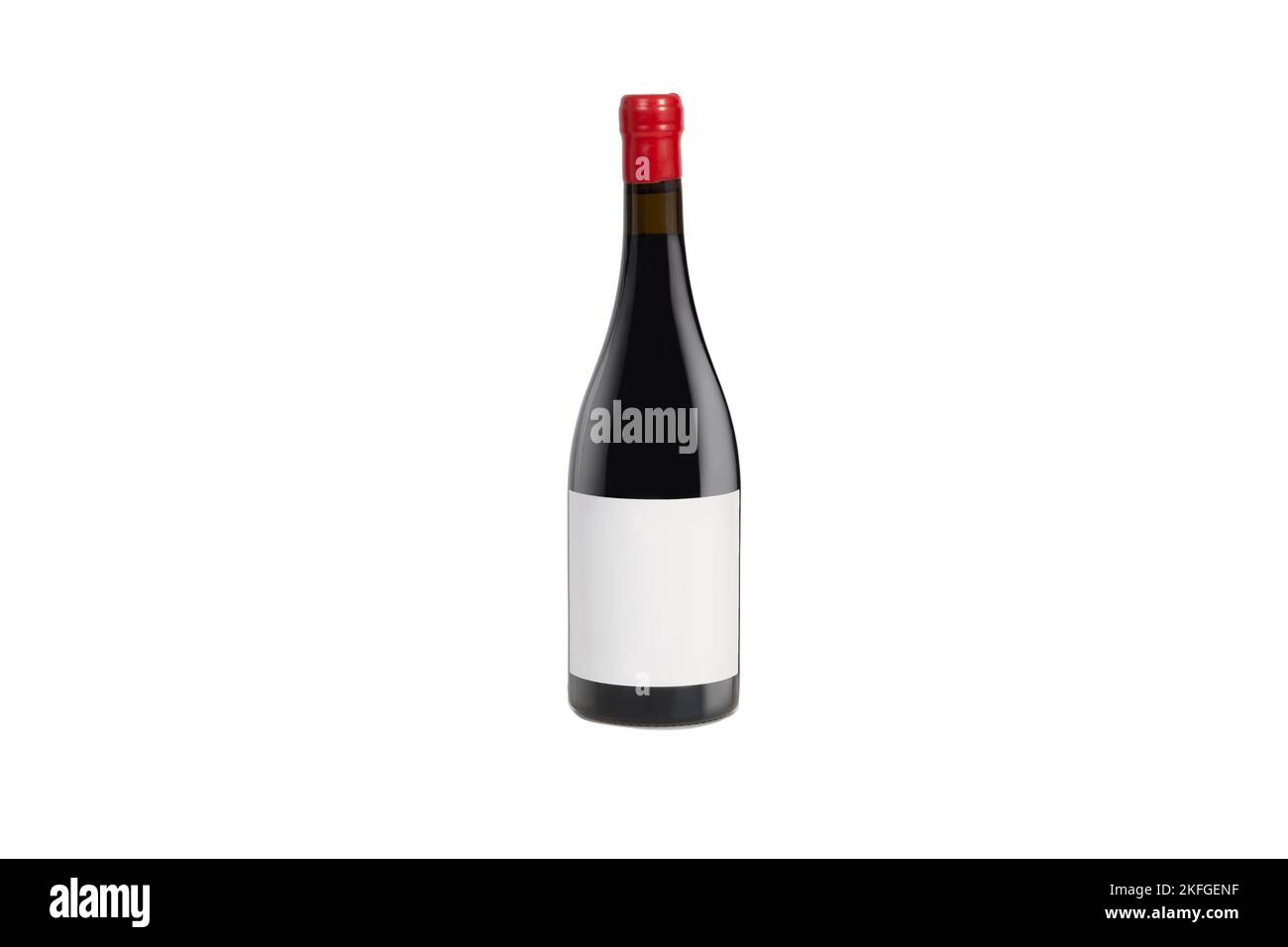 Isolierte Flasche Wein oder Champagner mit leerem Etikett und rotem Stopfen. Stockfoto