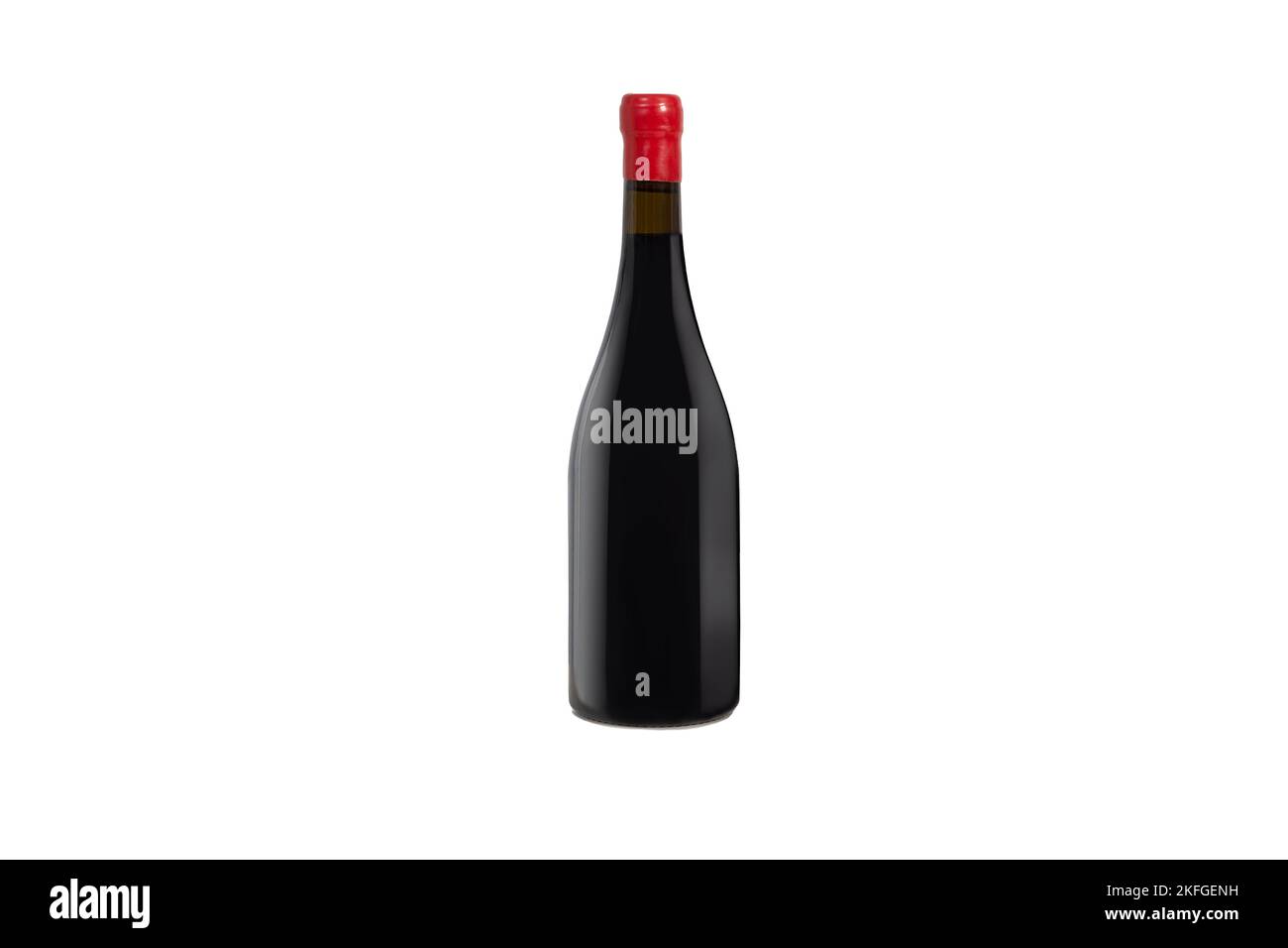 Isolierte Flasche Wein oder Champagner mit einem roten Verschluss. Stockfoto
