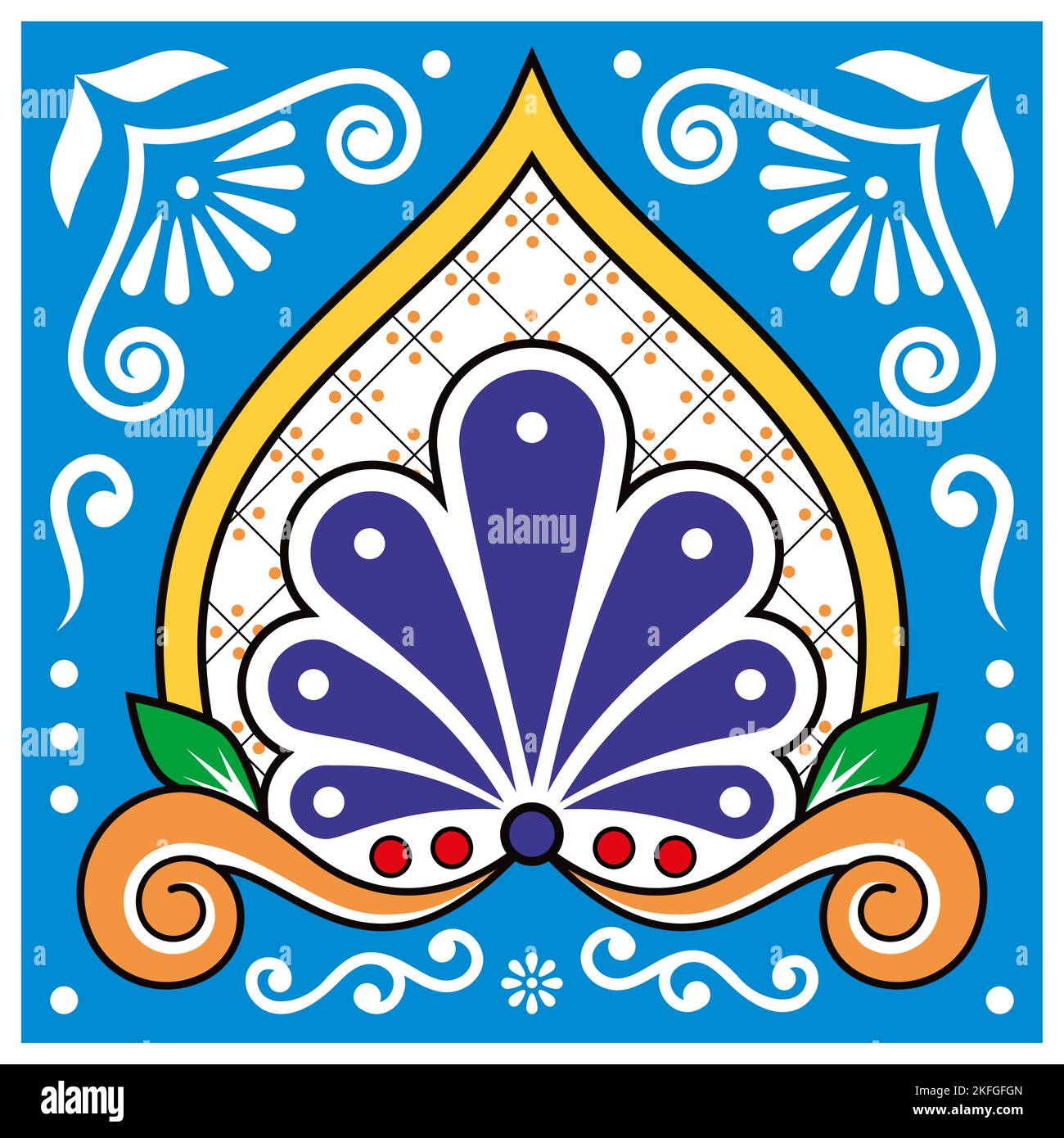 Mexikanisches talavera-Stil Vektor-Einzel- und nahtloses Muster mit Blättern und Wirbeln, florales Design perfekt für Tapeten, Textil- oder Stoffdruck Stock Vektor