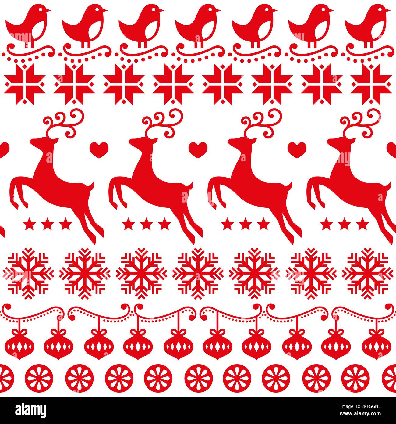Weihnachten niedliche Volkskunst Vektor nahtlose Muster mit Vögeln, Rentier und Schneeflocken, skandinavisch und nordisch inspirierte Tapete, Textil oder Stoff pri Stock Vektor