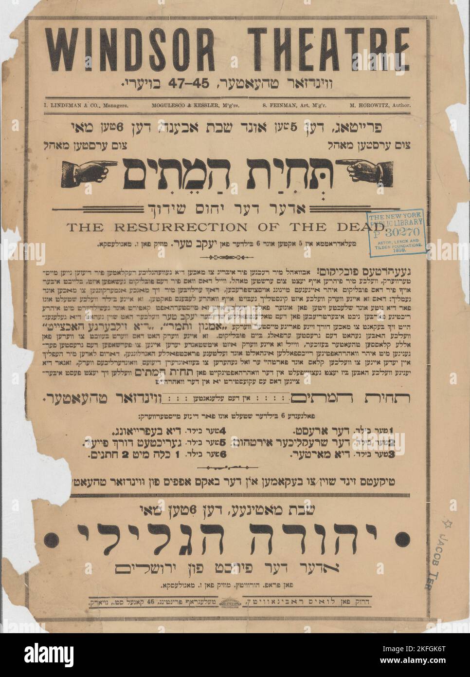 Thies ha-meysim, oder, der yihes shidekh: Melodram in 5 akten und 6 bilder, c1893 (?). [Herausgeber: Luis Rabinovitts; Ort: New York]Weitere Titel: Yihes-shidekh Stockfoto