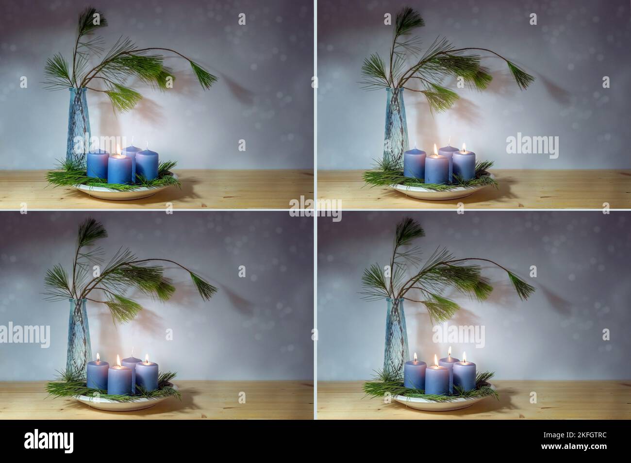 Vier Bilder mit blauen Kerzen, beleuchtet für den ersten bis vierten Advent, Vase mit Kiefernästen, schneebedecktes Bokeh auf dem lila grauen Hintergrund, Serie für Stockfoto
