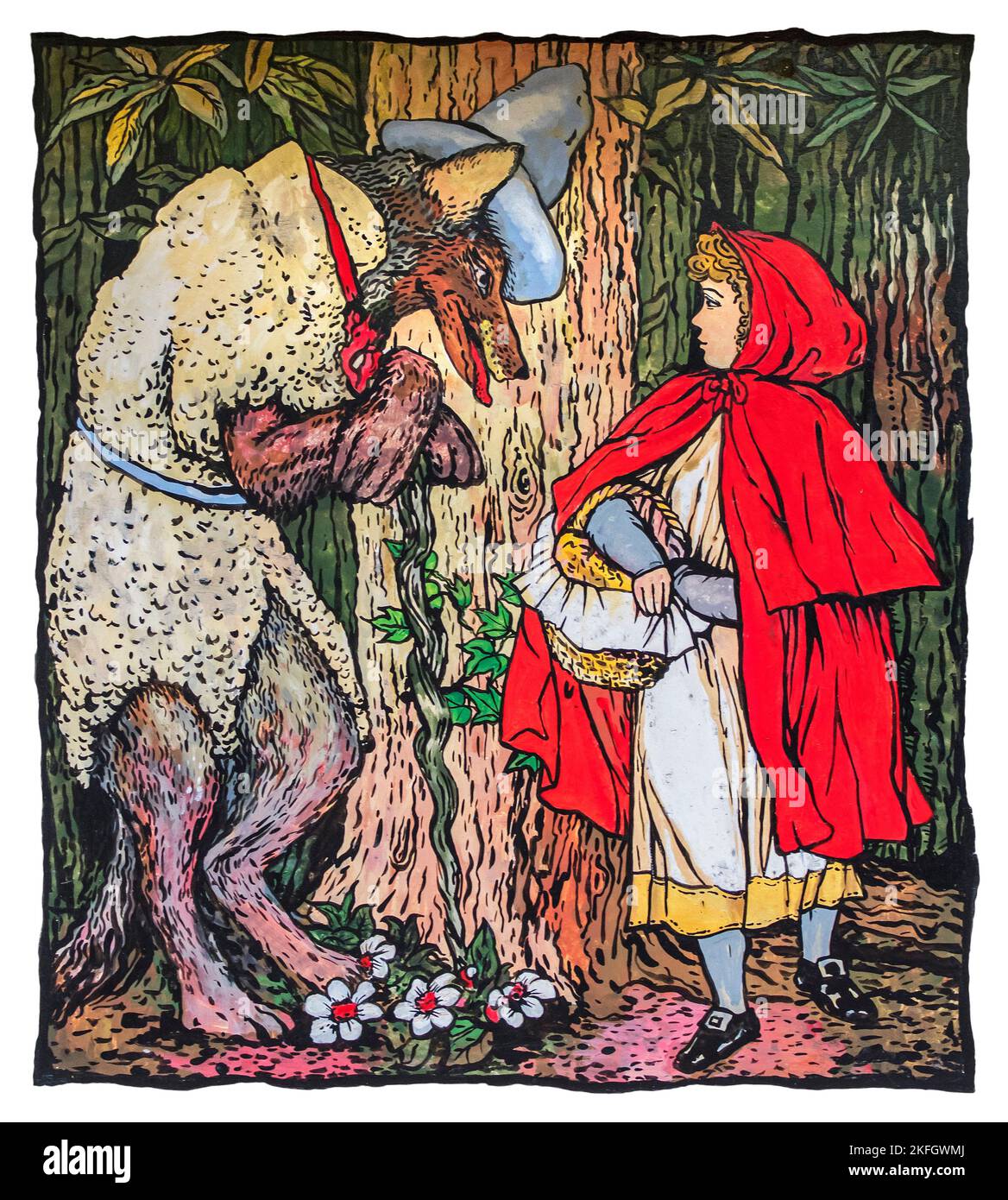 Und sie traf einen großen Wolf im Wald ... mit Rotkäppchen, Illustration im Blaubart-Bilderbuch von 1879 von Walter Crane Stockfoto
