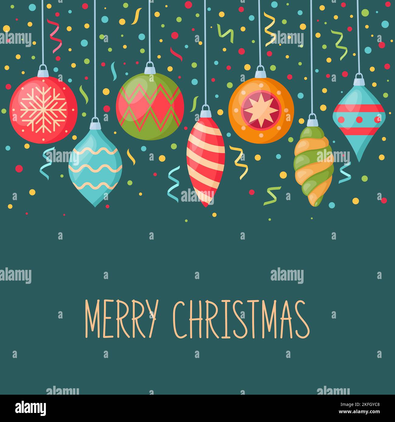 Weihnachts- und Neujahrskarte mit hängenden Dekorationen für weihnachtsbaum und Konfetti, Vektorgrafik Stock Vektor