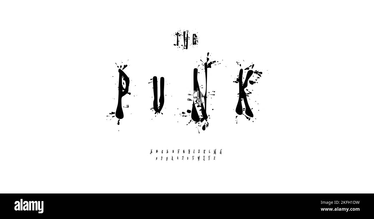 Verschüttete Tinte spritzt Buchstaben, kantige wild Punk-Schriftart für Überschrift, Logo und Monogramm von Musik-Events, Punk-Band Album-Cover, Horrorfilm-Poster und Stock Vektor