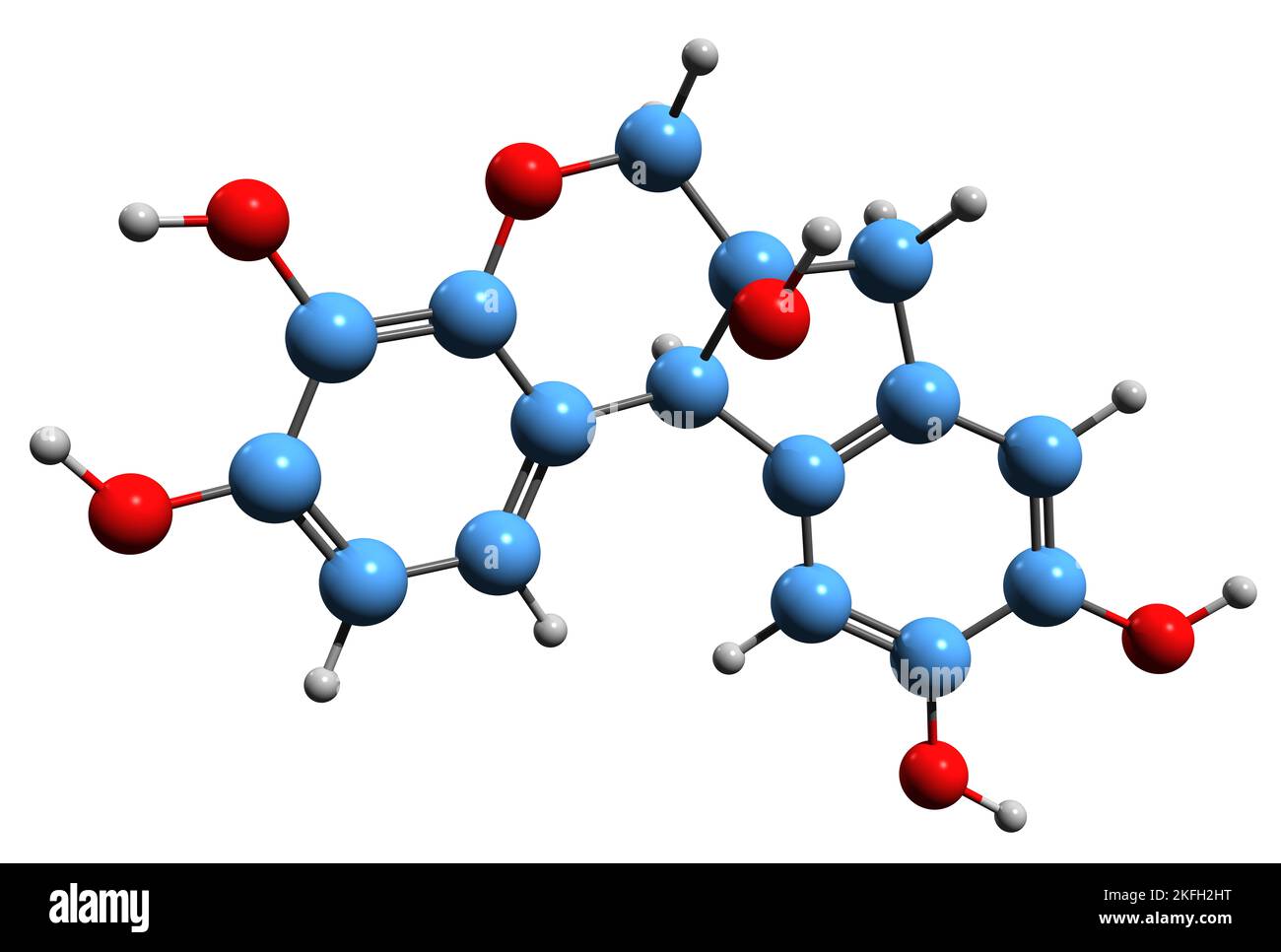 3D Bild der Skelettformel von Hämatoxylin - molekularchemische Struktur von Natural Black 1 isoliert auf weißem Hintergrund Stockfoto
