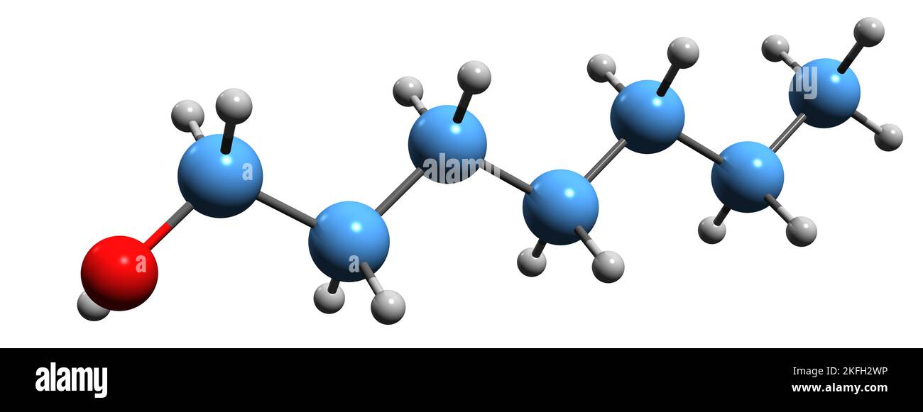 3D Bild der Heptanol-Skelettformel - molekularchemische Struktur von Heptylalkohol isoliert auf weißem Hintergrund Stockfoto