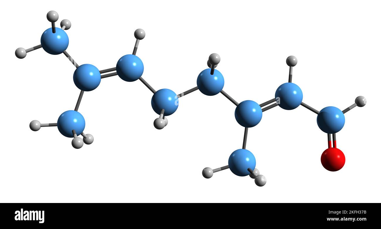 3D Bild der Geranial skeletalen Formel - molekulare chemische Struktur des azyklischen Monoterpenaldehyds trans-citral isoliert auf weißem Hintergrund Stockfoto