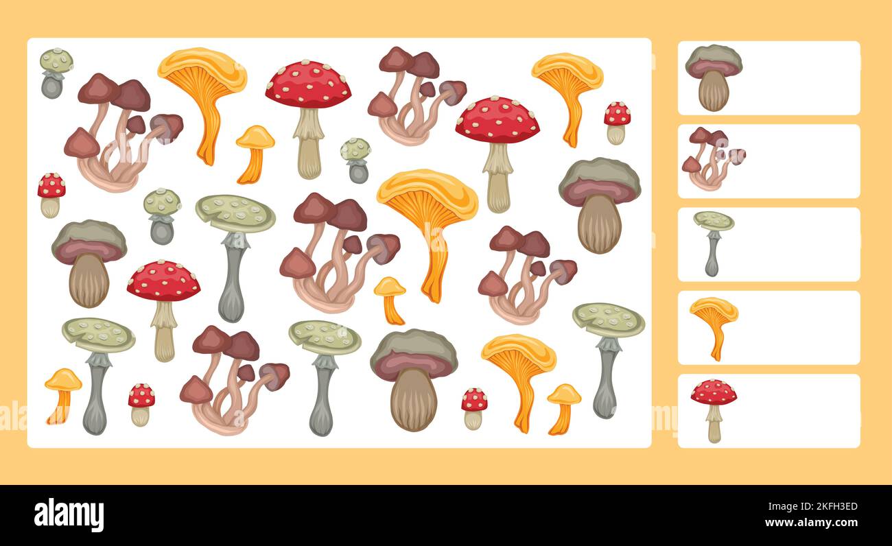 Vektor-Biologie-Vorlage für Vorschulspiele. Ich spioniere Spiel. Pädagogischer Spaß für Kinder. Zählen Sie, wie viele Pilze. Cartoon handgezeichnete Waldfallpilze Stock Vektor
