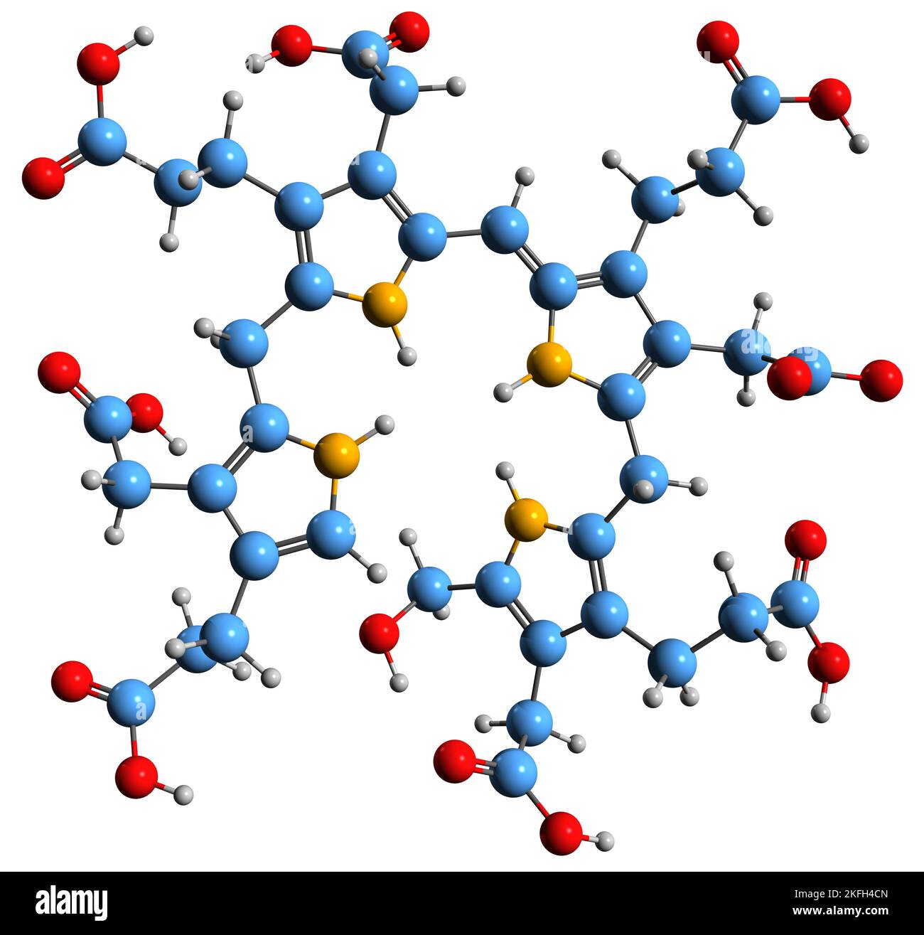 3D Bild der Hydroxymethylbilan-Skelettformel - molekulare chemische Struktur des Präurophyrinogen isoliert auf weißem Hintergrund Stockfoto
