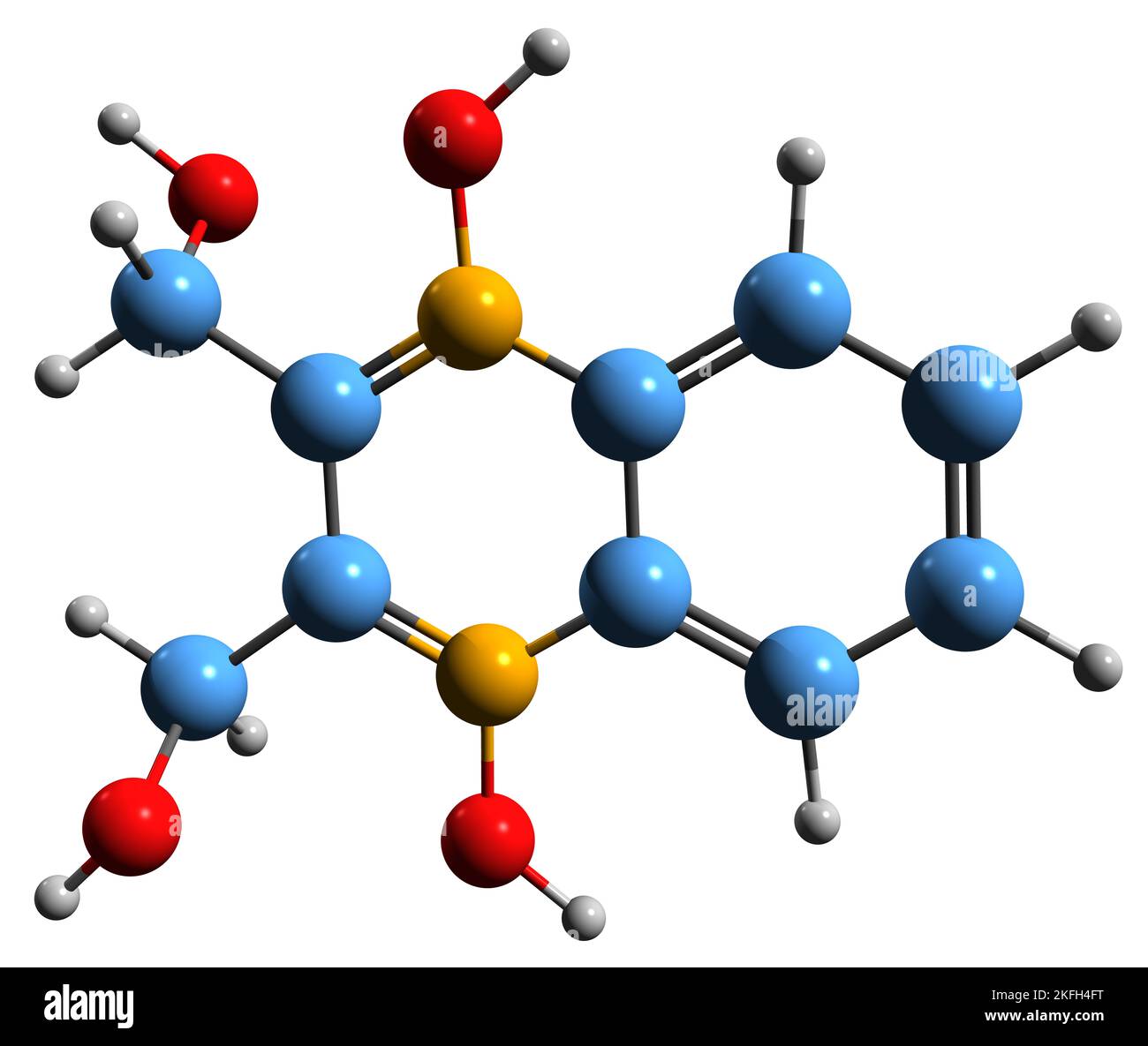 3D Bild der Skelettformel von Hydroxymethylchinoxylindioxid - molekulare chemische Struktur von Dioxidain auf weißem Hintergrund isoliert Stockfoto