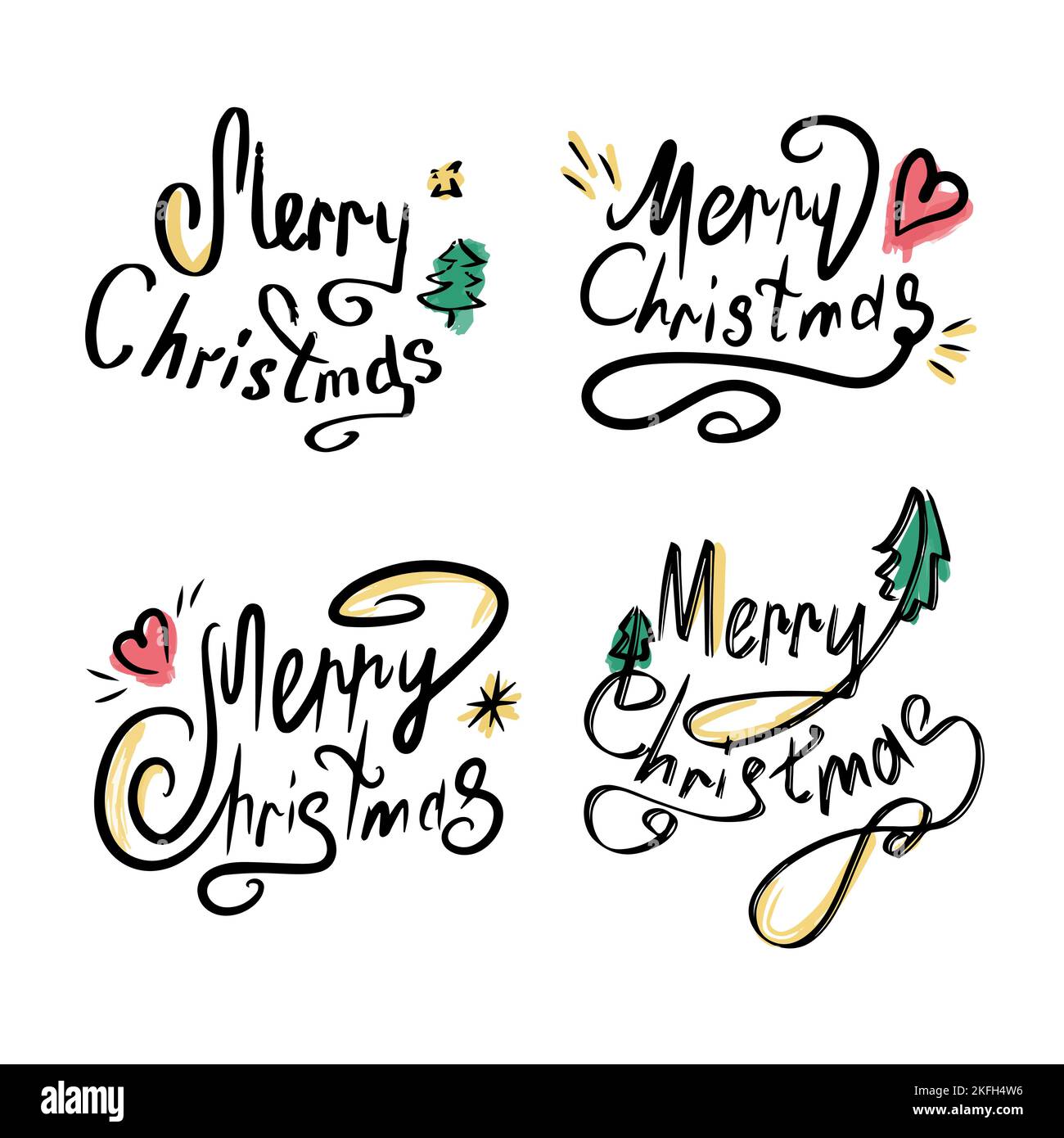 Satz kalligrafischer Schriftzeichen Frohe Weihnachten. Wunderschöne schwarze Schrift mit Wirbeln und farbigen Elementen. Designvorlage für Einladungen, Postkarten Stock Vektor
