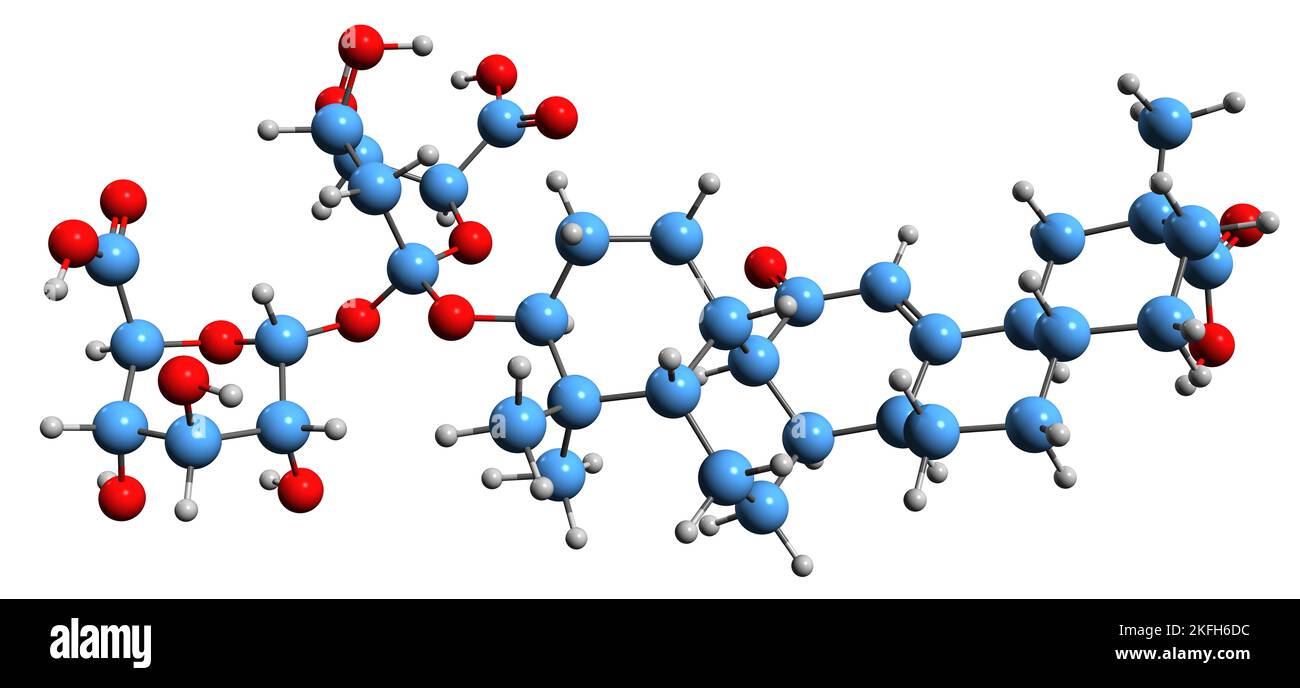 3D Bild der Skelettformel von Glycyrrhizin - molekulare chemische Struktur der Glycyrrhizinsäure auf weißem Hintergrund isoliert Stockfoto