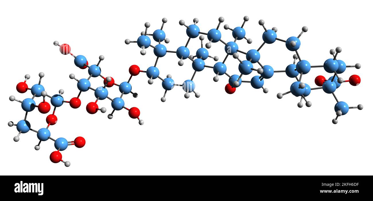 3D Bild der Skelettformel der Glycyrrhizinsäure - molekularchemische Struktur des Lebensmittelzusatzstoffes Е958 isoliert auf weißem Hintergrund Stockfoto