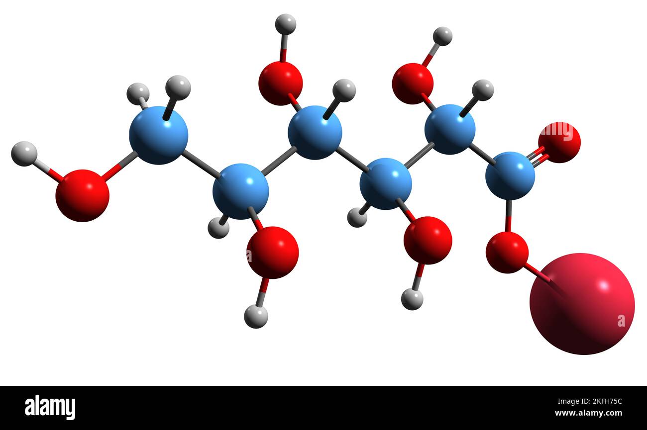 3D Bild der Skelettformel von Natriumgluconat - molekulare chemische Struktur der isolierten auf weißem Hintergrund Stockfoto