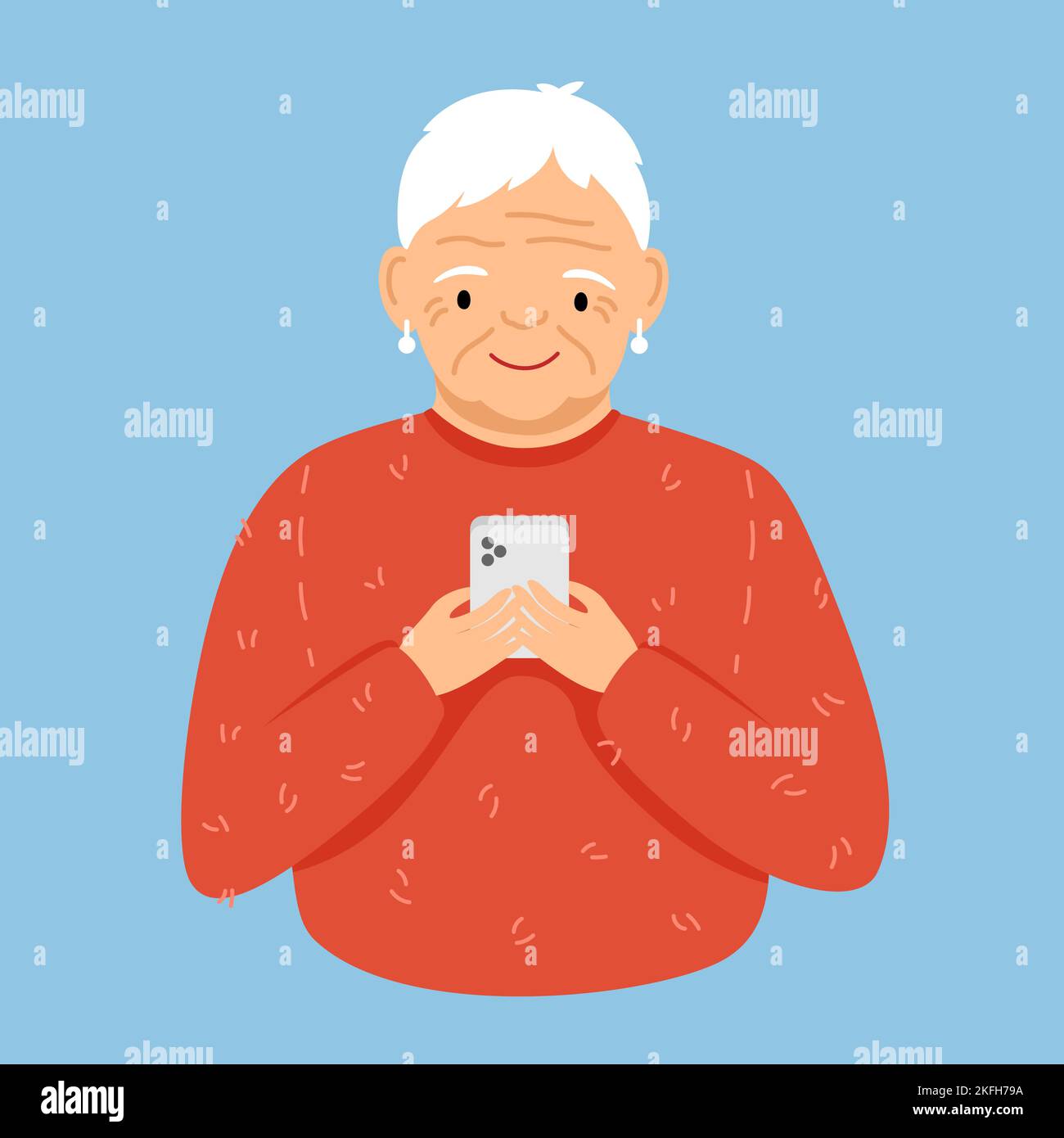 Ältere moderne Frau schaut in das Smartphone. Flache Illustration für Druck, Design, Aufkleber und Postervorlage Stock Vektor