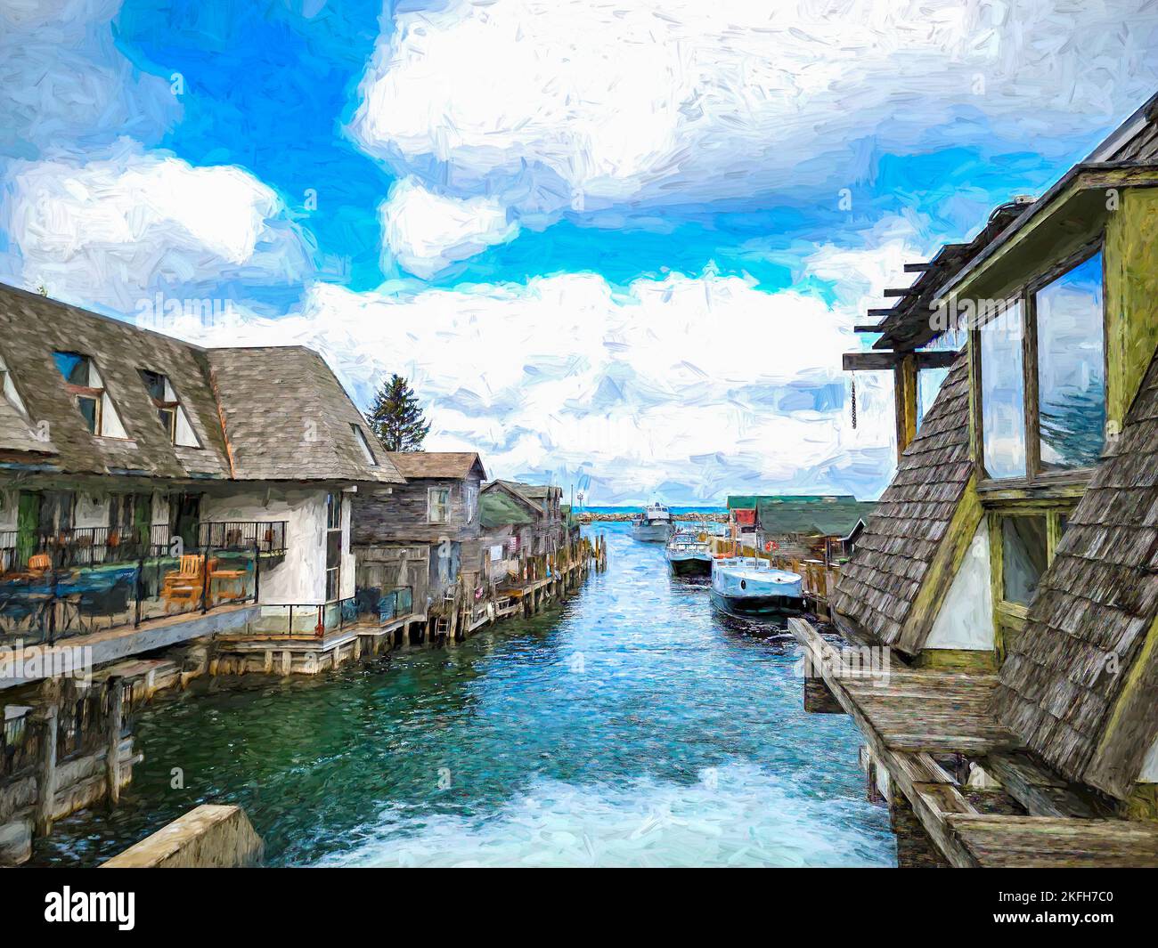 Impressionistisches Farbmuster der malerischen Holzhütten von Fish Town am Lake Michigan in Leland Michigan Stockfoto