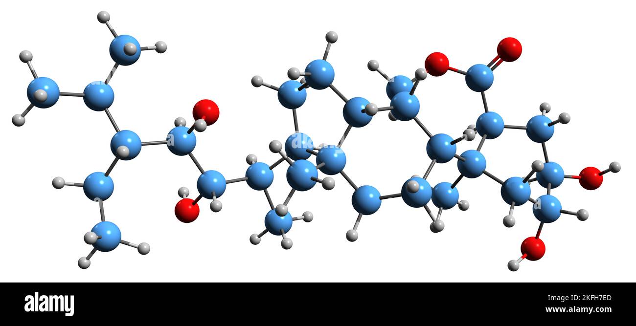 3D Bild der Homobrassinolid-Skelettformel - molekulare chemische Struktur von Brassinolid-Ethyl auf weißem Hintergrund isoliert Stockfoto