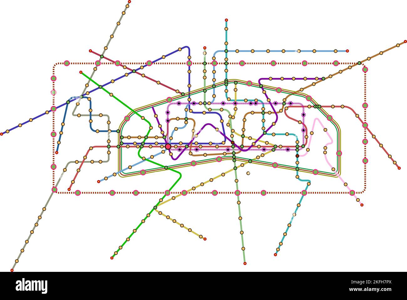 Plan für öffentliche Verkehrsmittel, U-Bahn, Busse, Tramkarte einer großen Stadt, fiktive Vektorkunst, öffentlicher Verkehr, Mock-up freier Kopieplatz, Stock Vektor