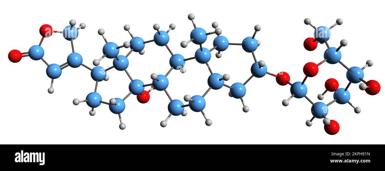 3D Bild der Desglucousarin-Skelettformel - molekulare chemische Struktur von Cardenolid isoliert auf weißem Hintergrund Stockfoto