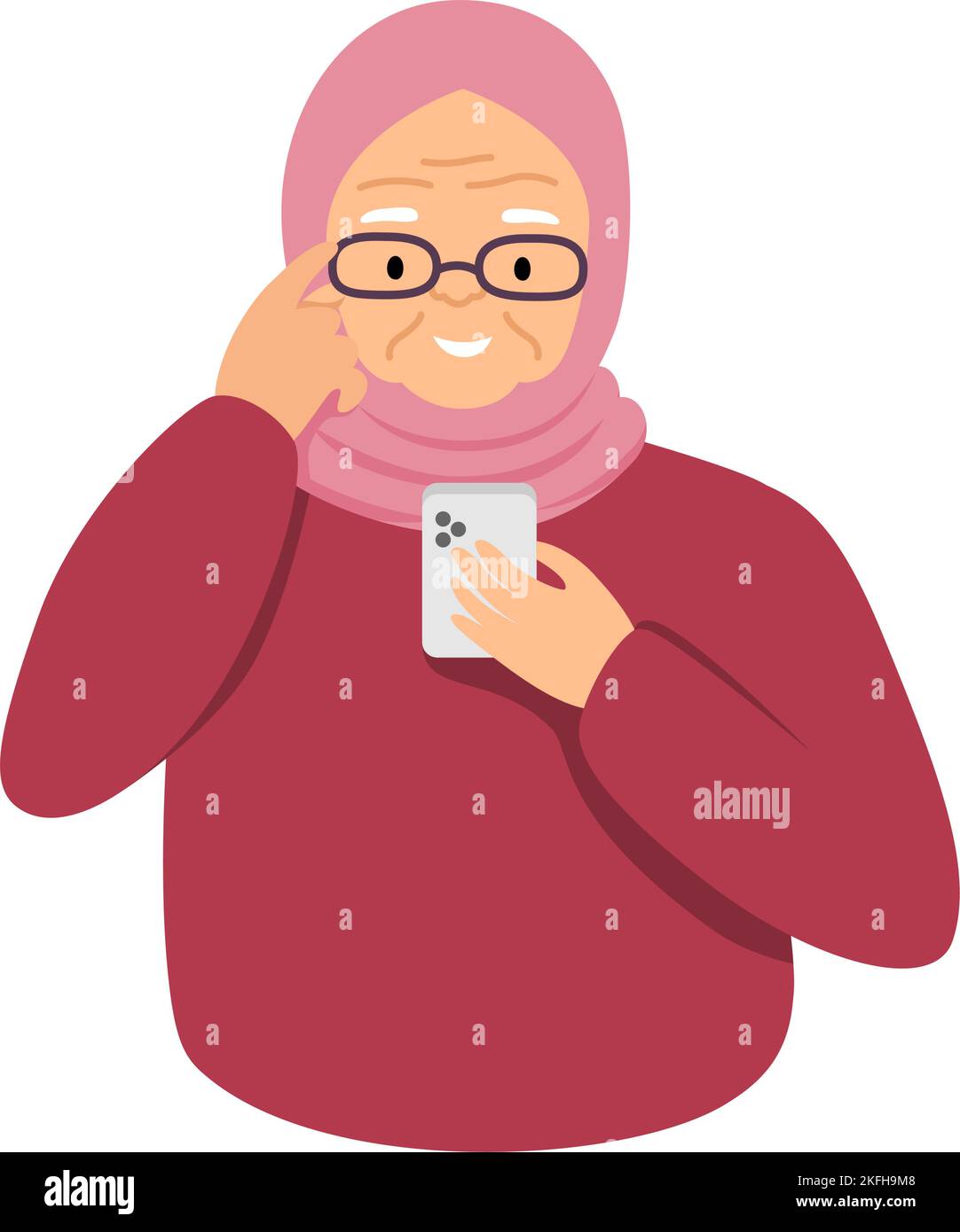 Ältere moderne Frau schaut in das Smartphone. Flache Illustration für Druck, Design, Aufkleber und Postervorlage Stock Vektor