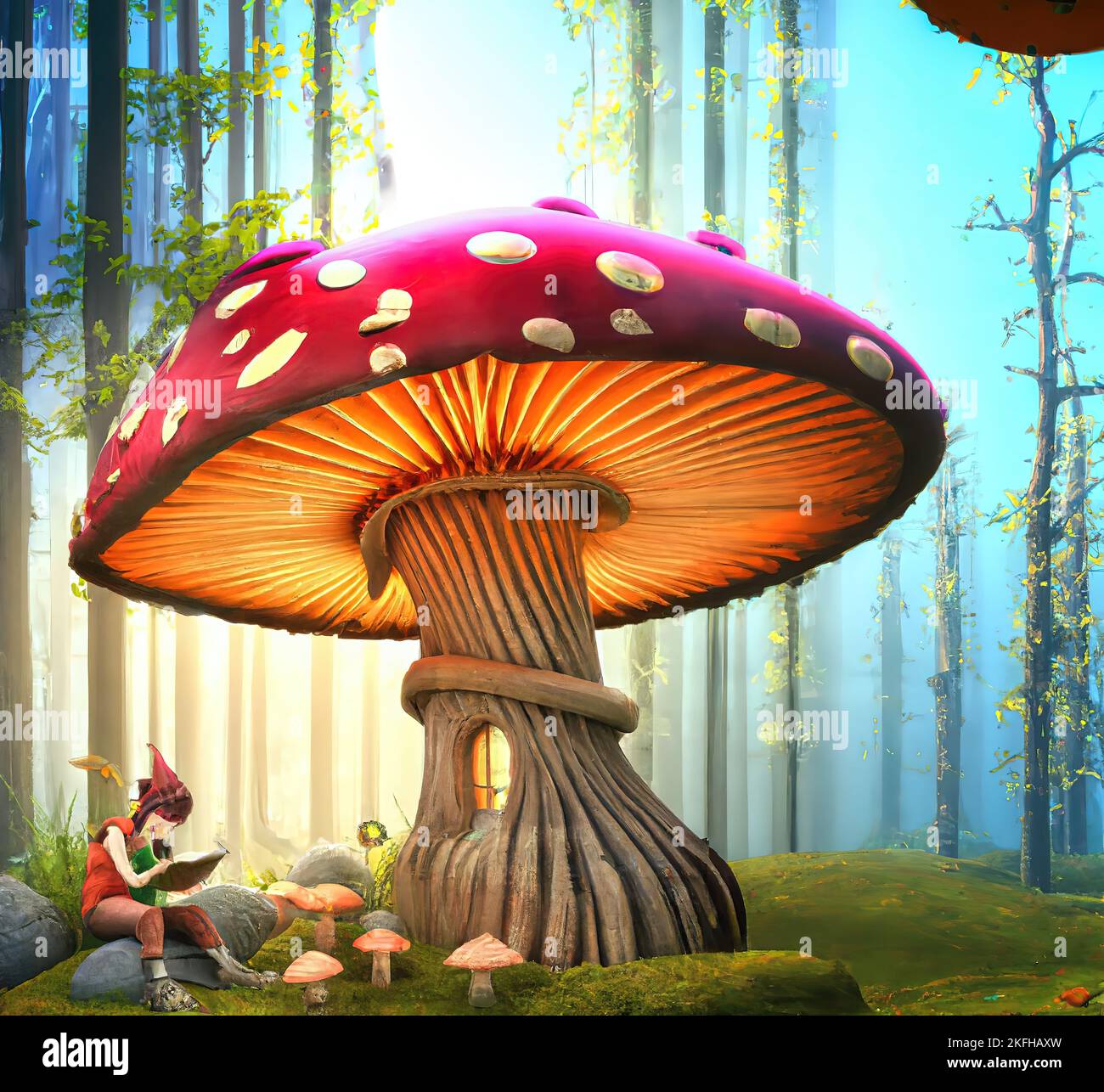 GNOME Elf liest ein Buch unter einem riesigen roten Pilzhaus im Wald Stockfoto