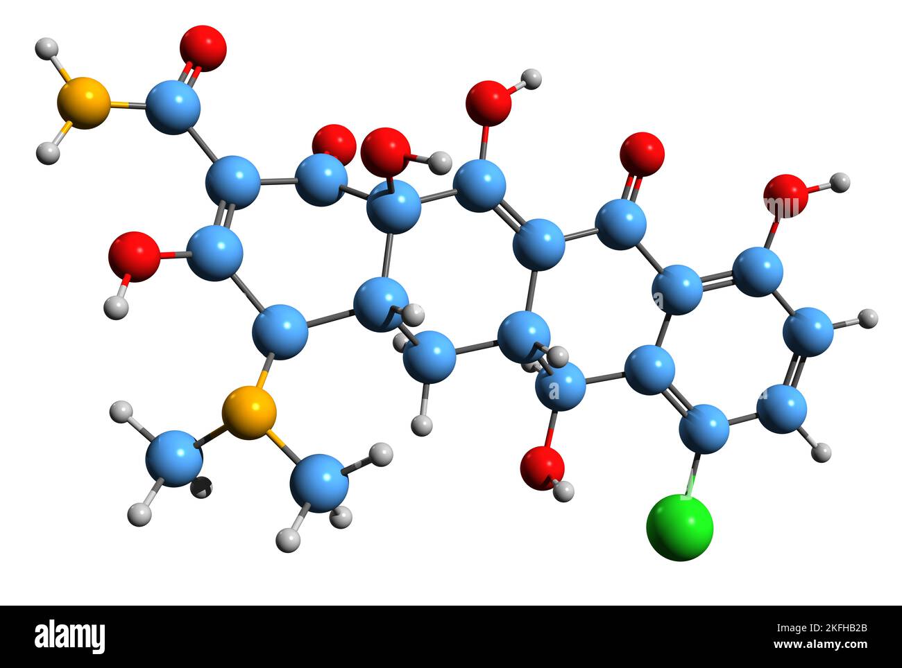 3D Bild der Skelettformel von Demeclocyclin - molekularchemische Struktur des tetracyclinischen Antibiotikums, isoliert auf weißem Hintergrund Stockfoto