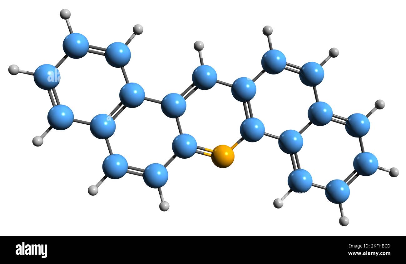 3D Bild der Dibenzacridin-Skelettformel - molekularchemische Struktur der heterozyklischen aromatischen Verbindung, isoliert auf weißem Hintergrund Stockfoto